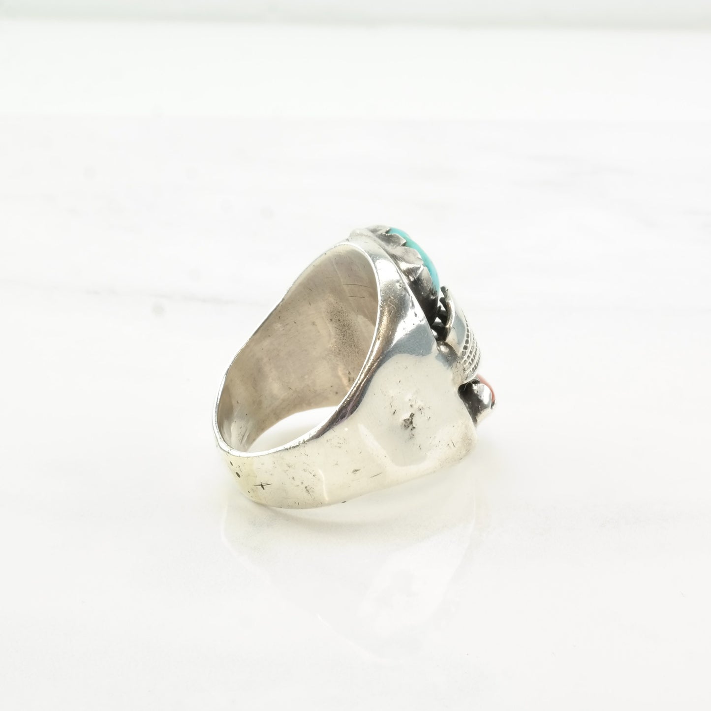 Native American Sterling Silver, Turquoise & Coral Ring | Southwestern Jewelry | Feather Design | Size 12