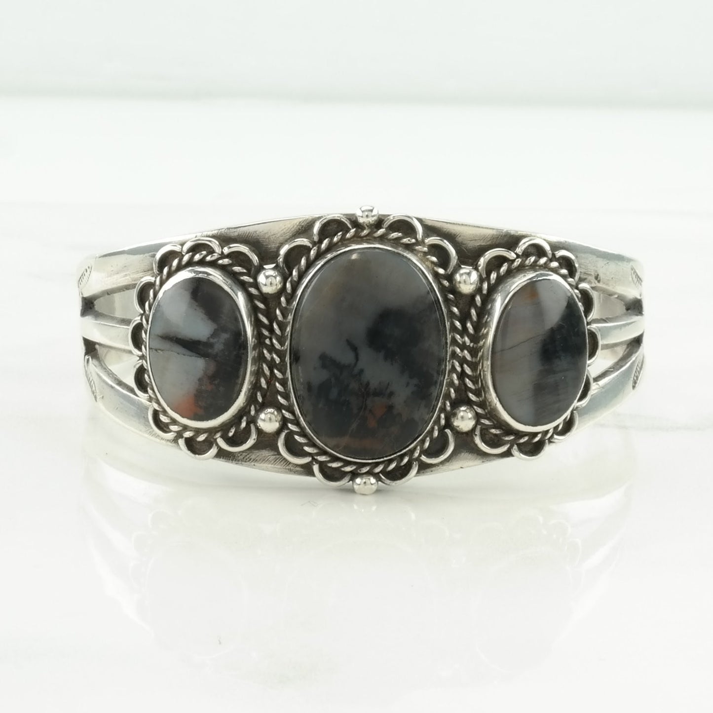 Fred Harvey Era Sterling Silver Cuff Bracelet Petrified Wood Stamped