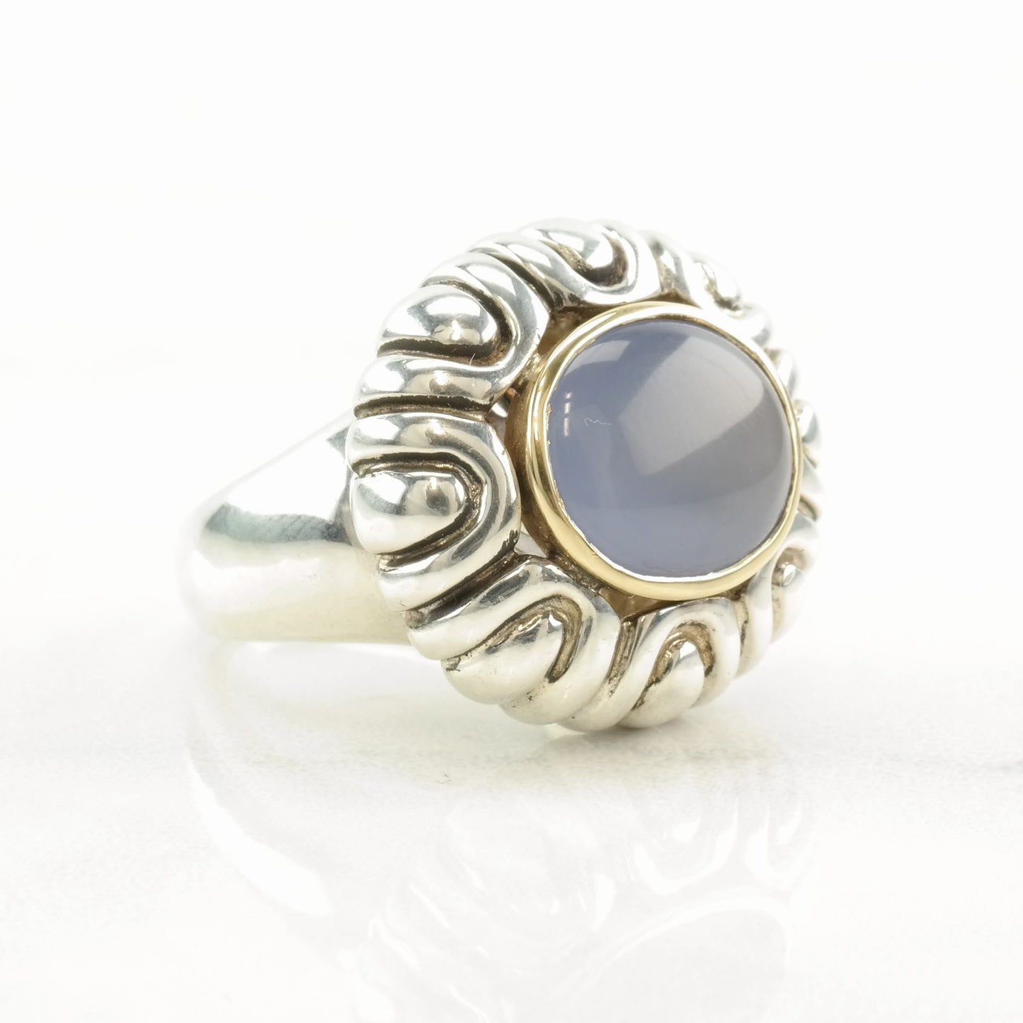 Vintage Samuel B Silver Ring Blue Chalcedony 18K Gold Sterling Size 6