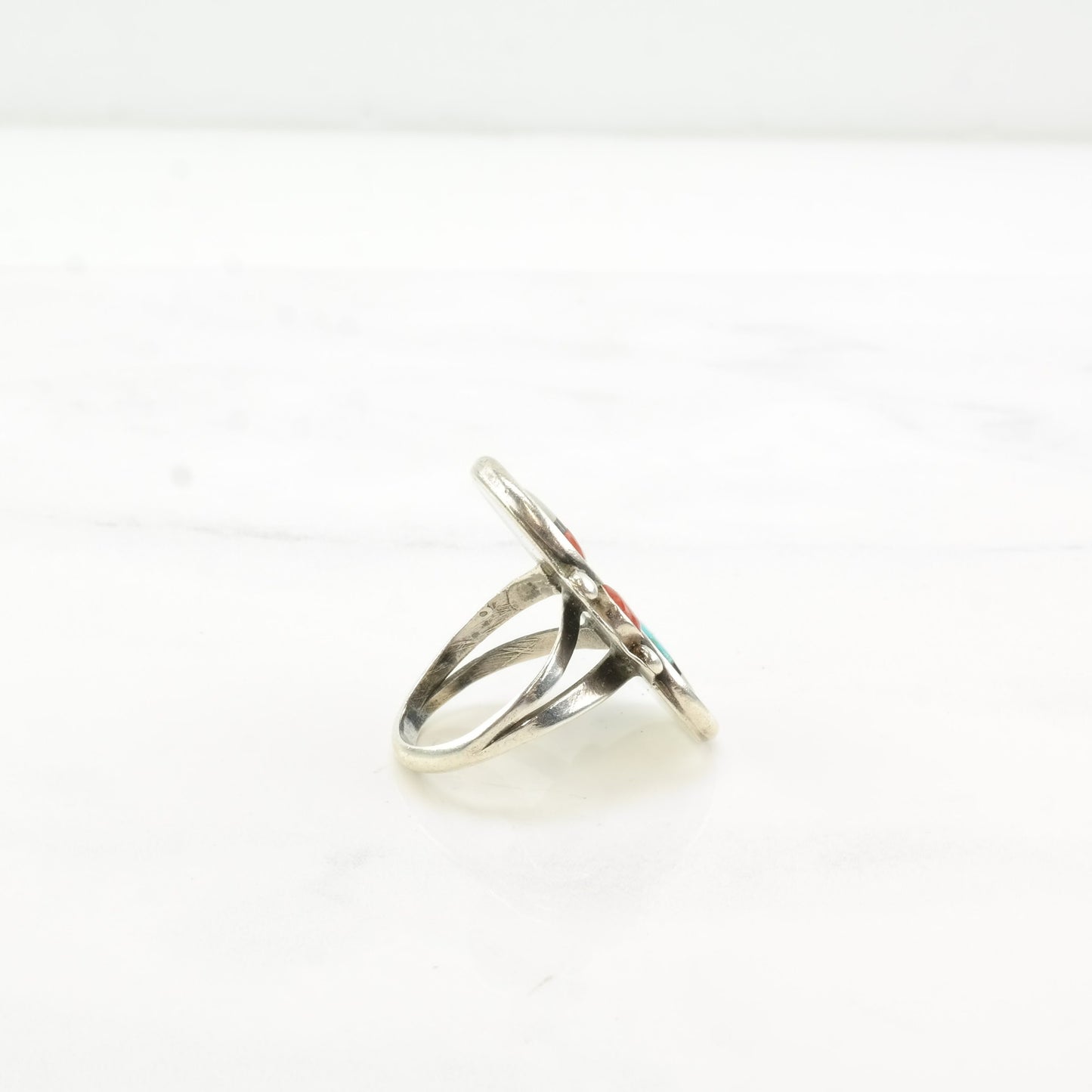 Native Silver Ring Coral Turquoise MOP Onyx Two Sun Inlay Sterling Sz6 1/2 R4549