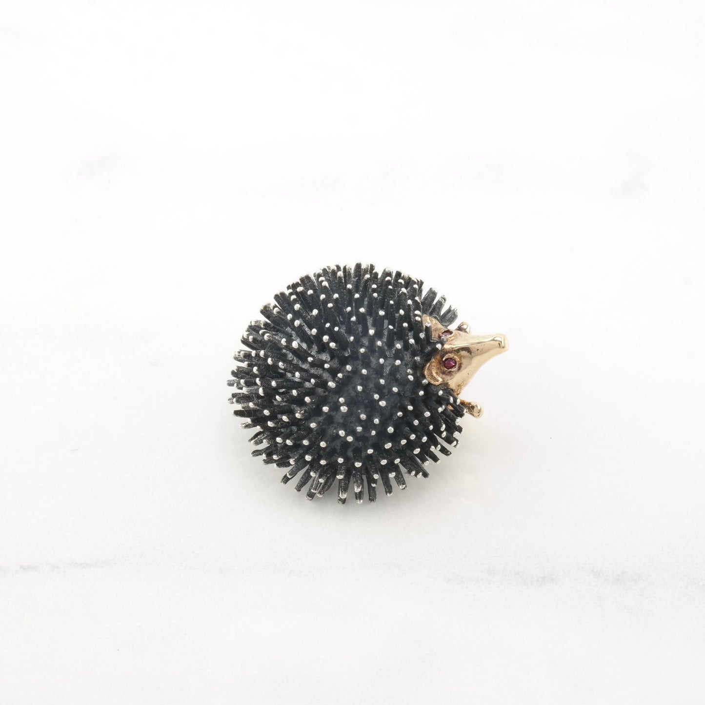 WE, Signed 14k Gold Accent Sterling Silver Ruby Hedgehog Brooch