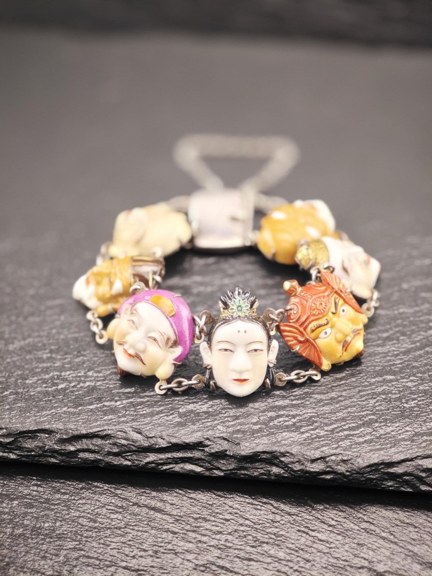 Pristine Japanese Toshikane, 7 Gods of Fortune Bracelet, Porcelain Sterling Silver