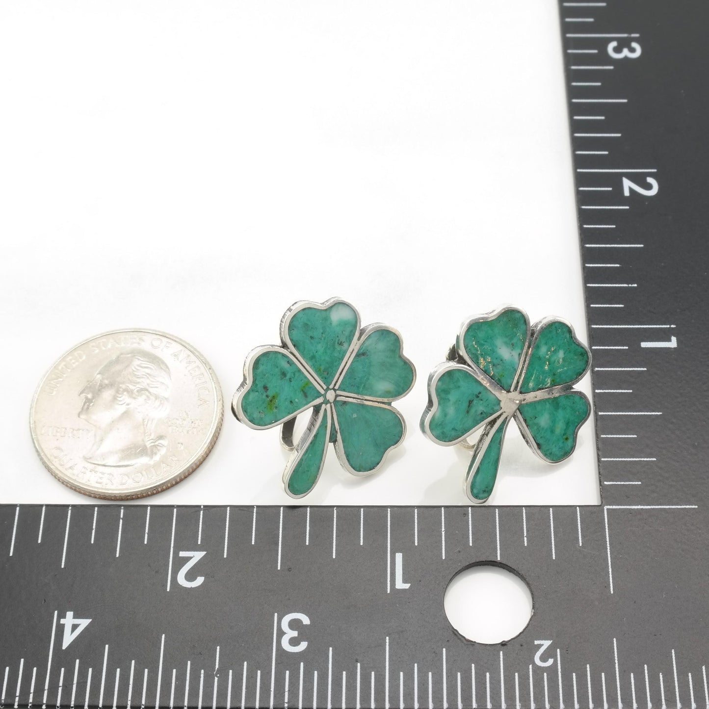 Vintage Four Leaf Clover Screw Back Earrings Sterling Silver Gemstone Inlay