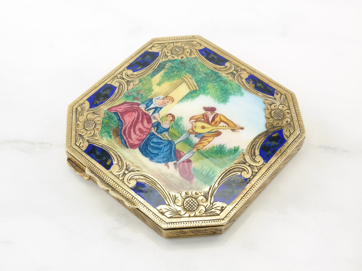 Vintage Enamel Scene Floral Ladies' Makeup Sterling Silver Compact