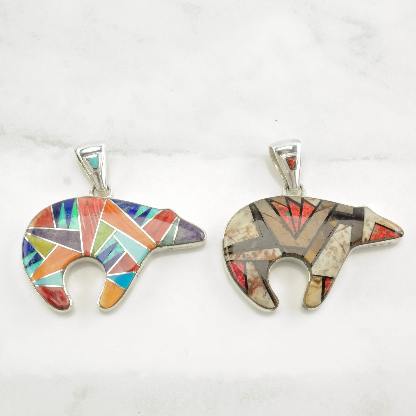 Vintage Southwest Lab Opal, Multi Gem Inlay, Bear, Buffalo, Reversible Sterling Silver Pendant