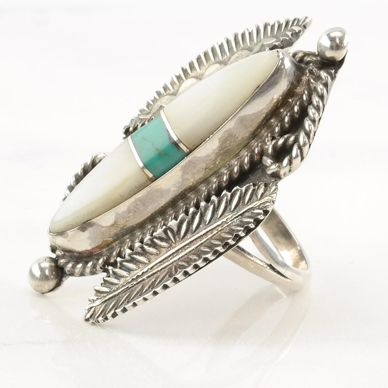 Vintage Native American Silver Ring MOP Turquoise Leaf Sterling Size 5 1/2