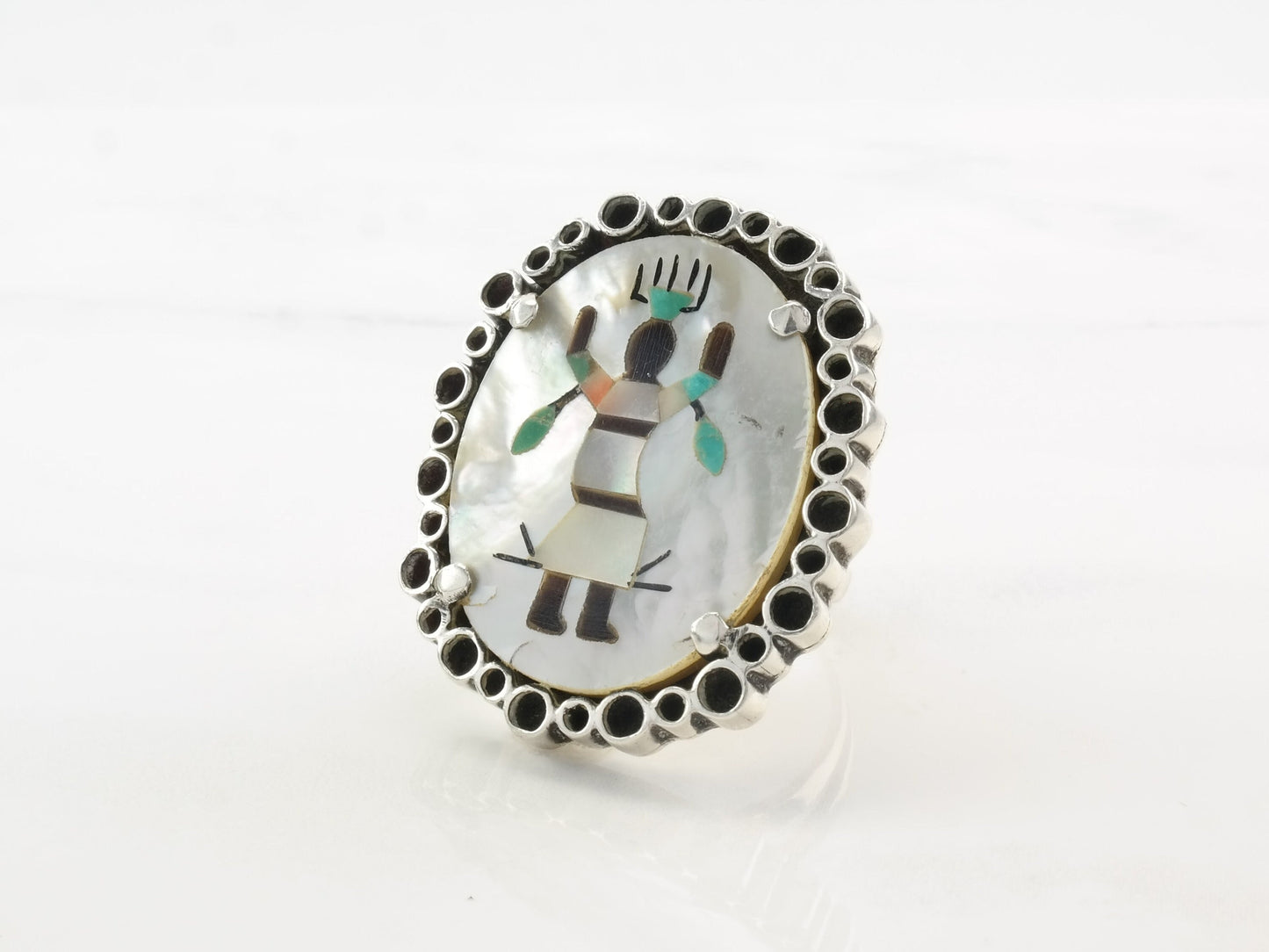 Vintage Sterling Silver Ring MOP Inlay Kachina, Dancer Size 7 3/4