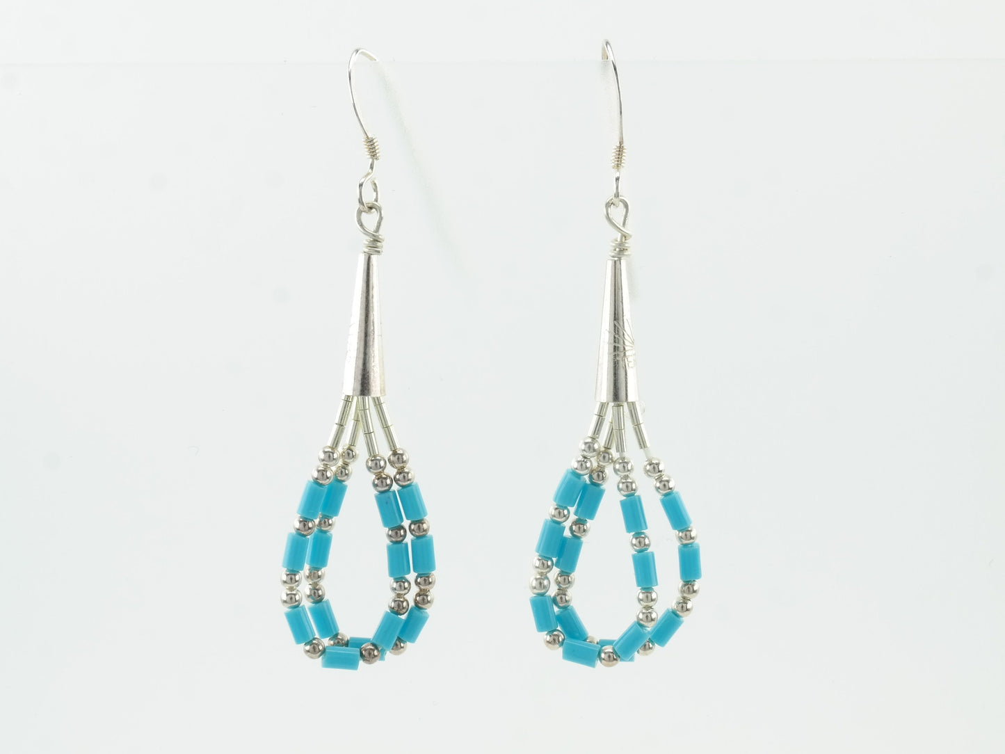 Southwestern Blue Block Liquid Turquoise Bead Earrings Sterling Silver Dangle Fish Hook