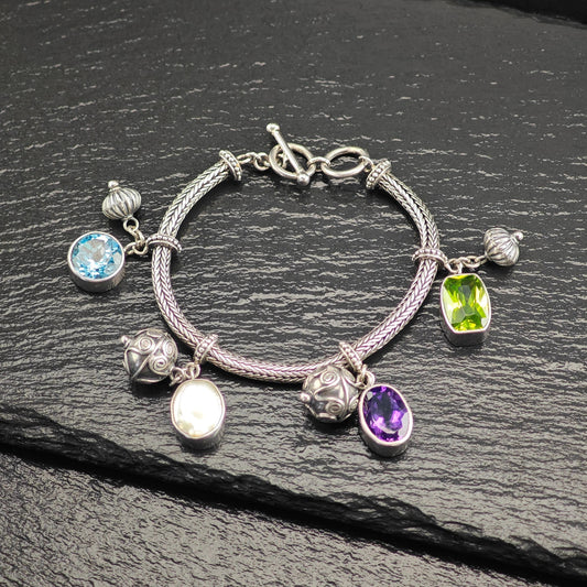 Vintage Topaz, Amethyst, Pearl, Charm Bracelet Sterling Silver