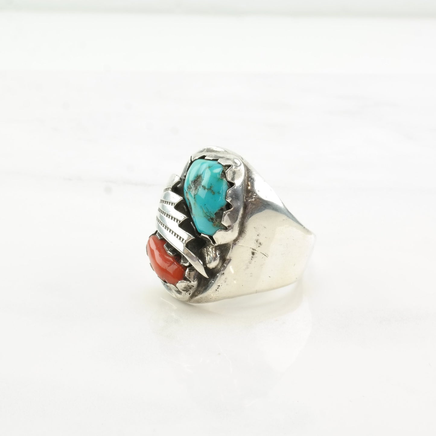 Native American Sterling Silver, Turquoise & Coral Ring | Southwestern Jewelry | Feather Design | Size 12