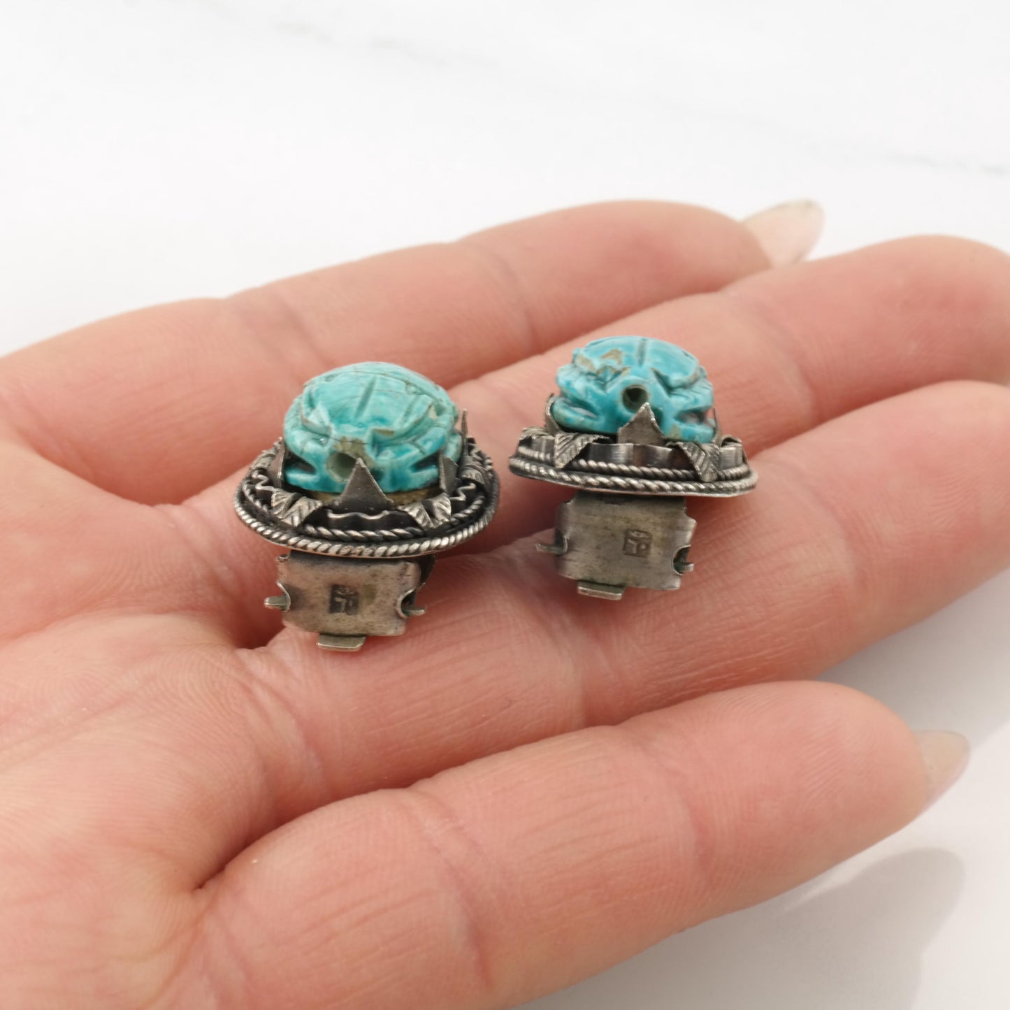 Vintage Egyptian Carved Scarab, Sterling Silver Clip On Earrings