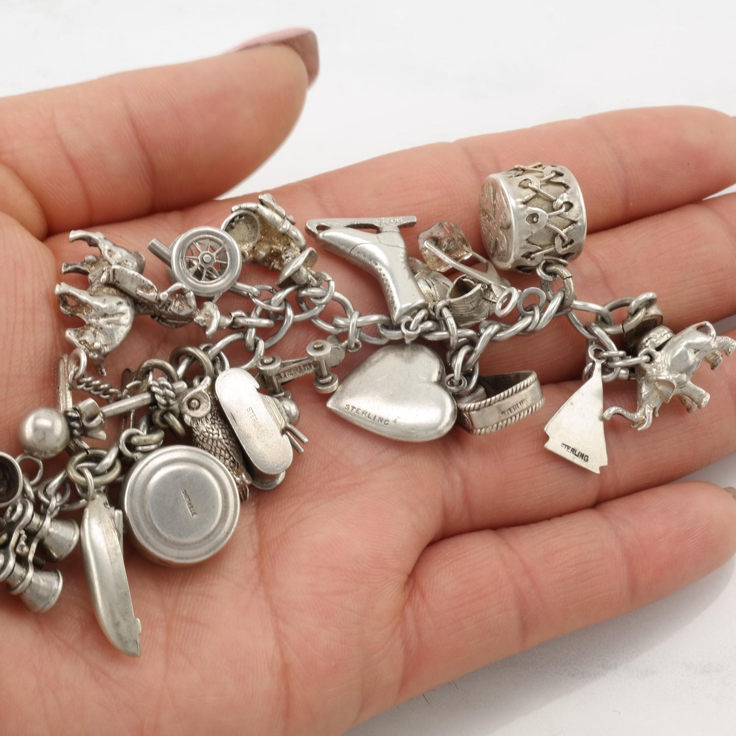 WWII Era Sterling Silver 32 Charms Bracelet Western, Military & Misc