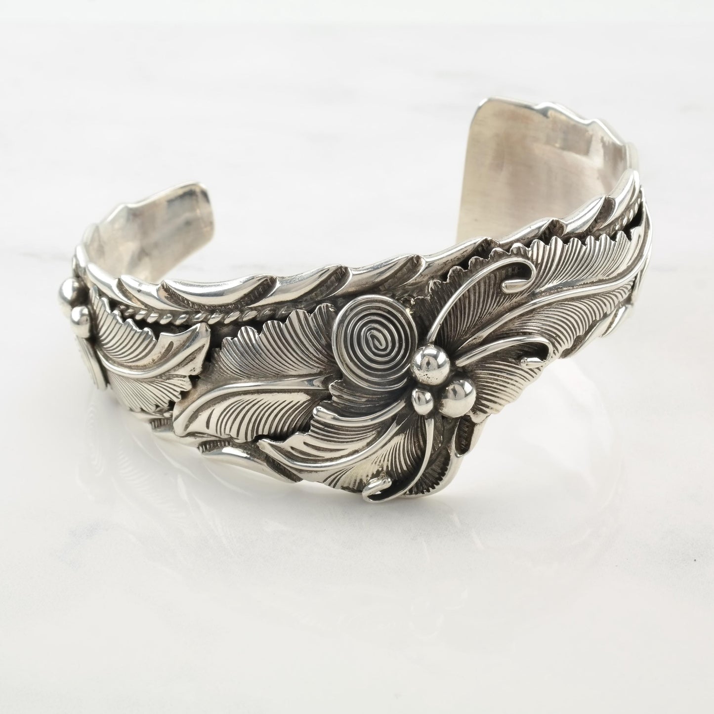 Signed Floral Cuff Bracelet Sterling Silver