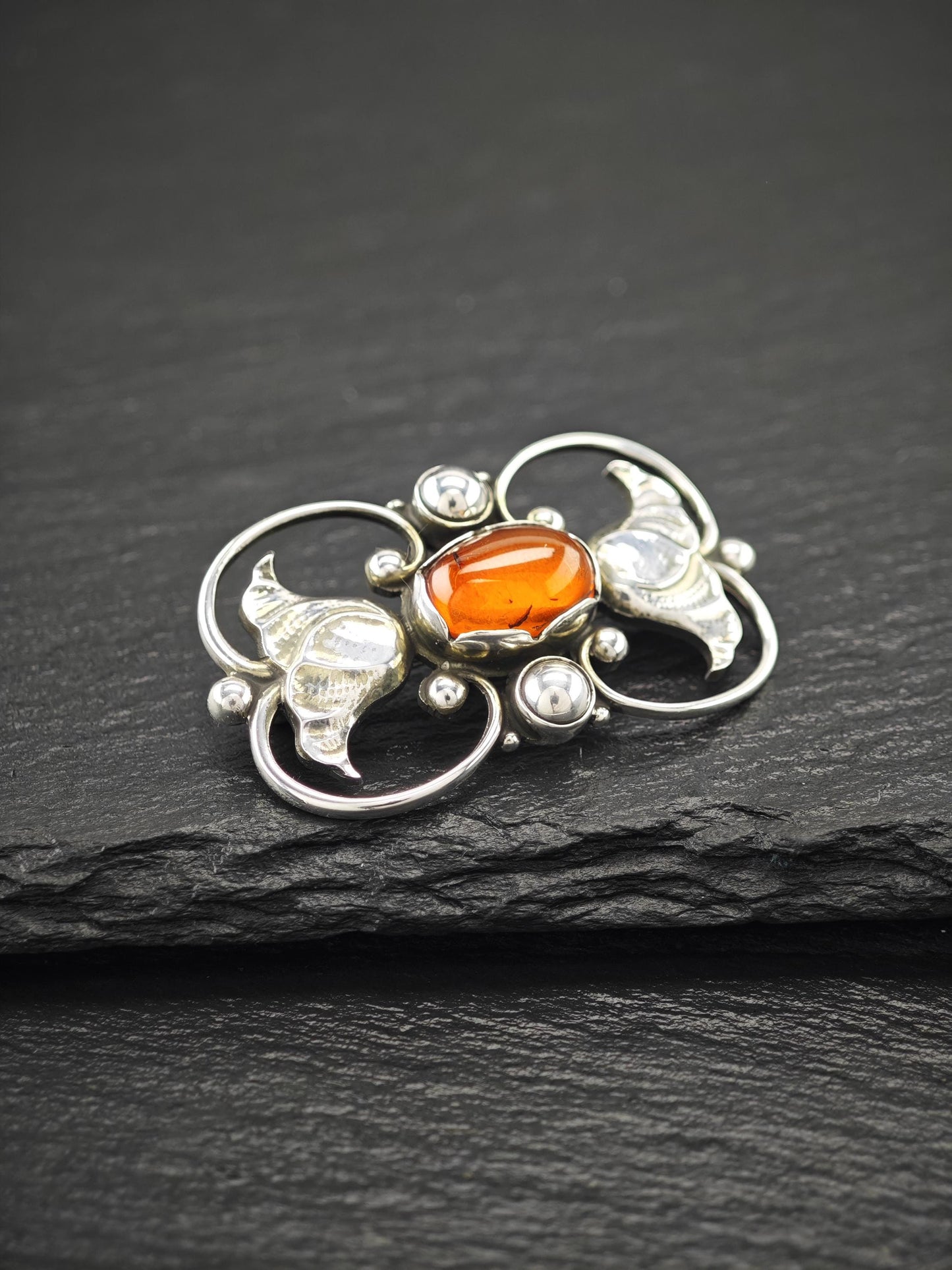 Antique, Georg Jensen 236A, Amber Brooch Sterling Silver