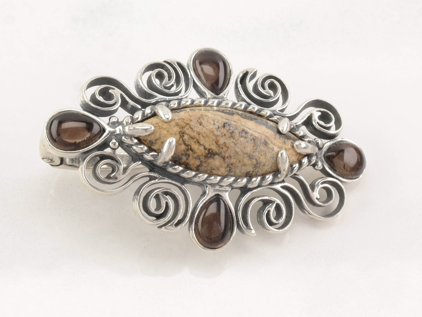 Vintage Relios Jasper, Smoky Quartz Sterling Silver Pendant