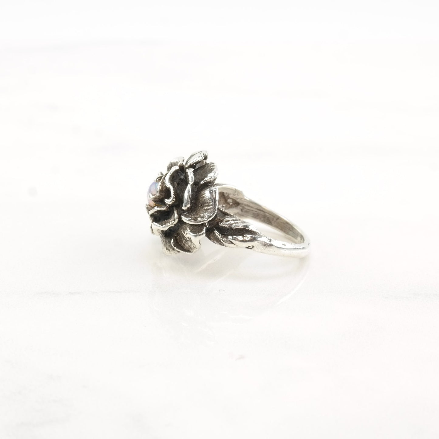 Vintage Brutalist Silver Ring Lab Opal Flower Sterling Size 5