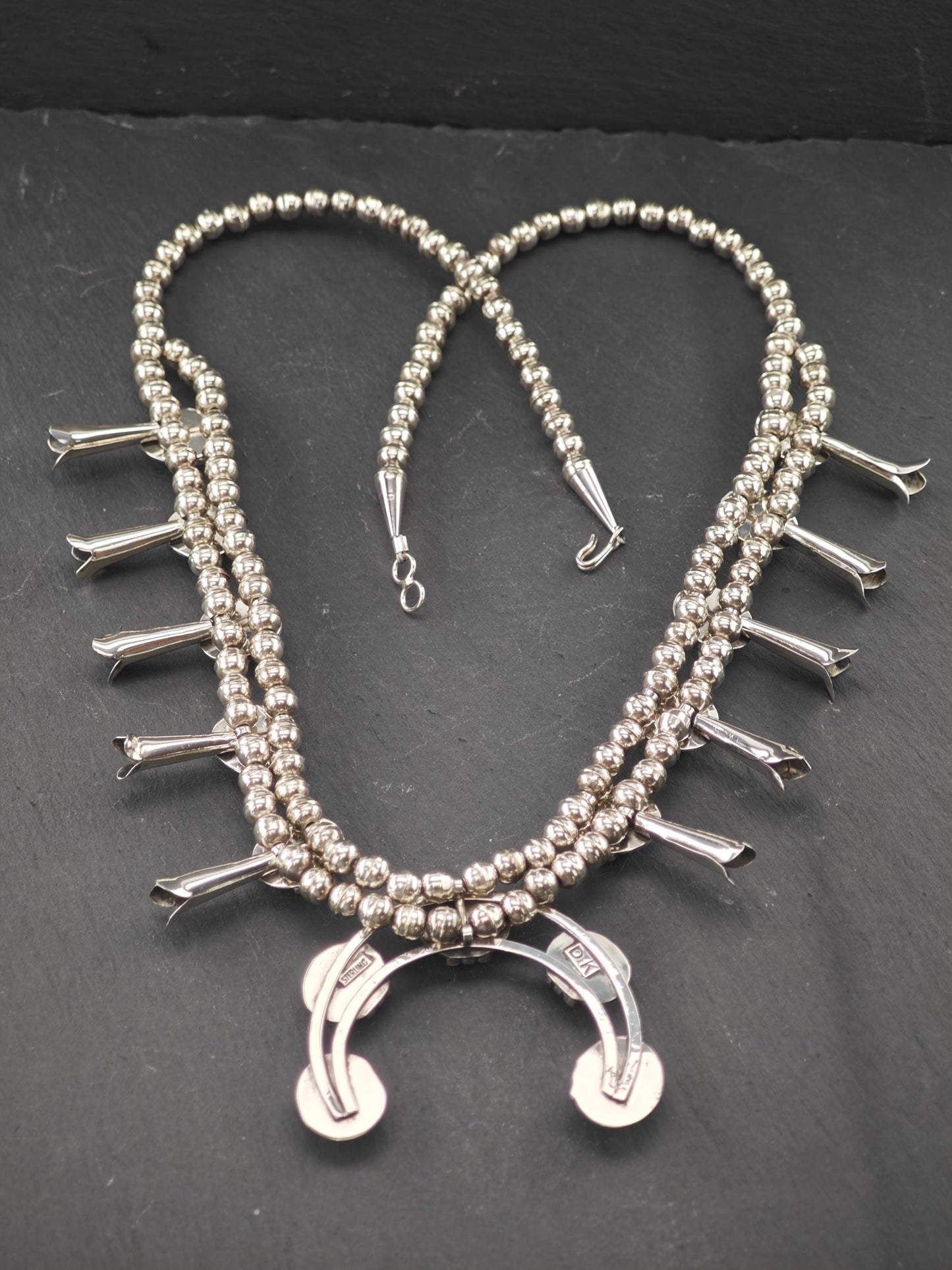 Vintage Native American Sterling Silver, Sleeping Beauty Squash Blossom Necklace