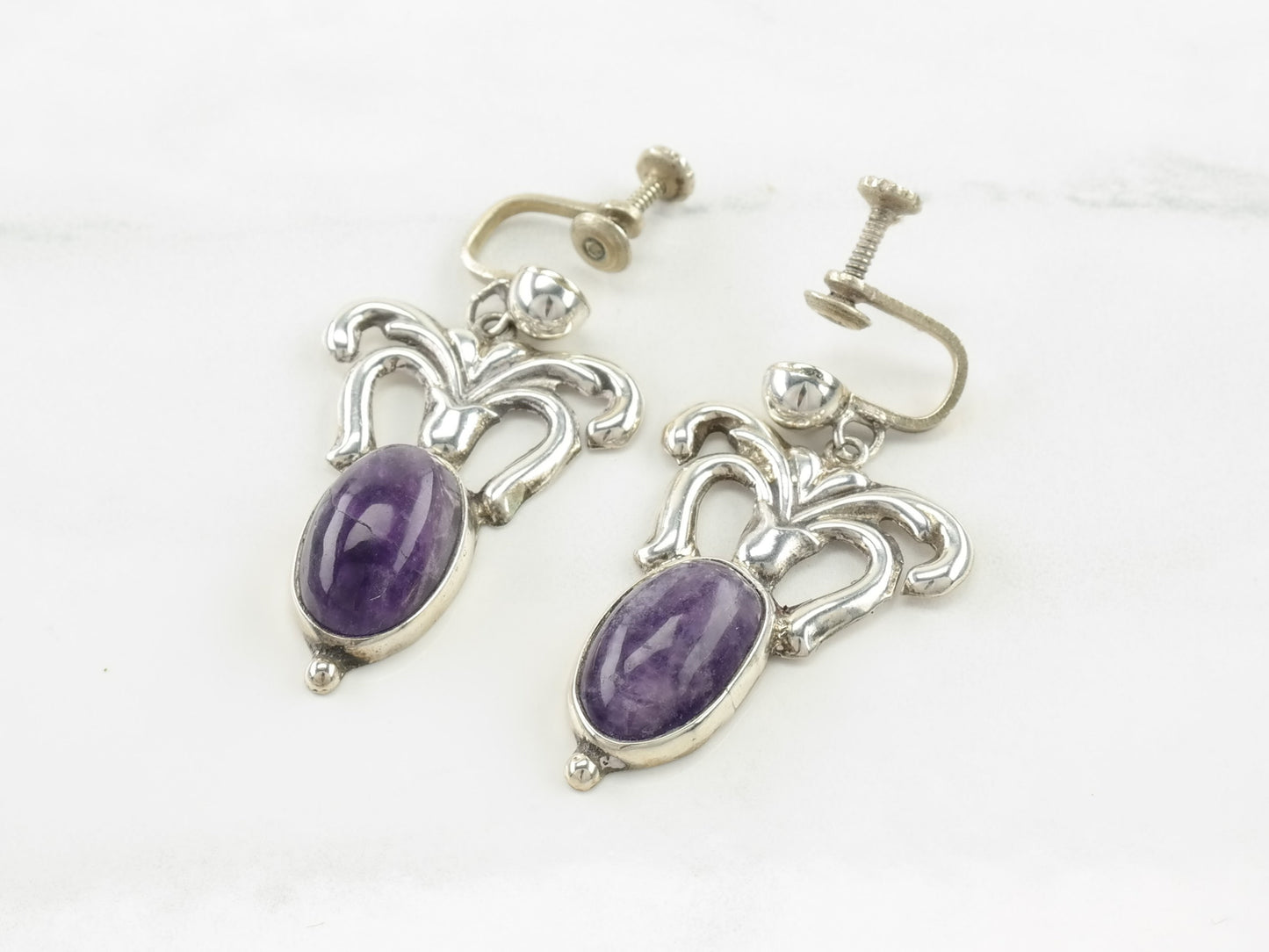 Vintage Sterling Silver Amethyst Earrings Screw Back