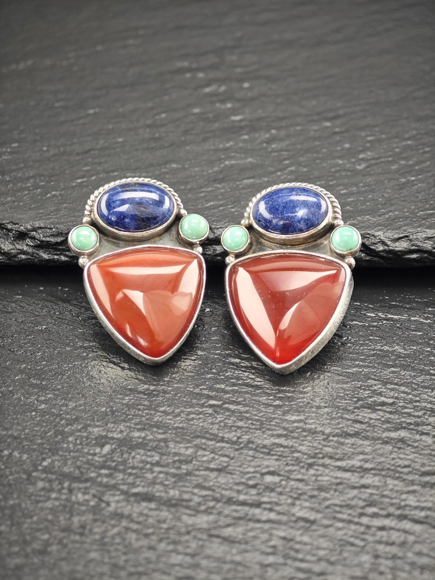 Vintage Turquoise, Sodalite Geometric Design Sterling Silver Clip-On Earrings