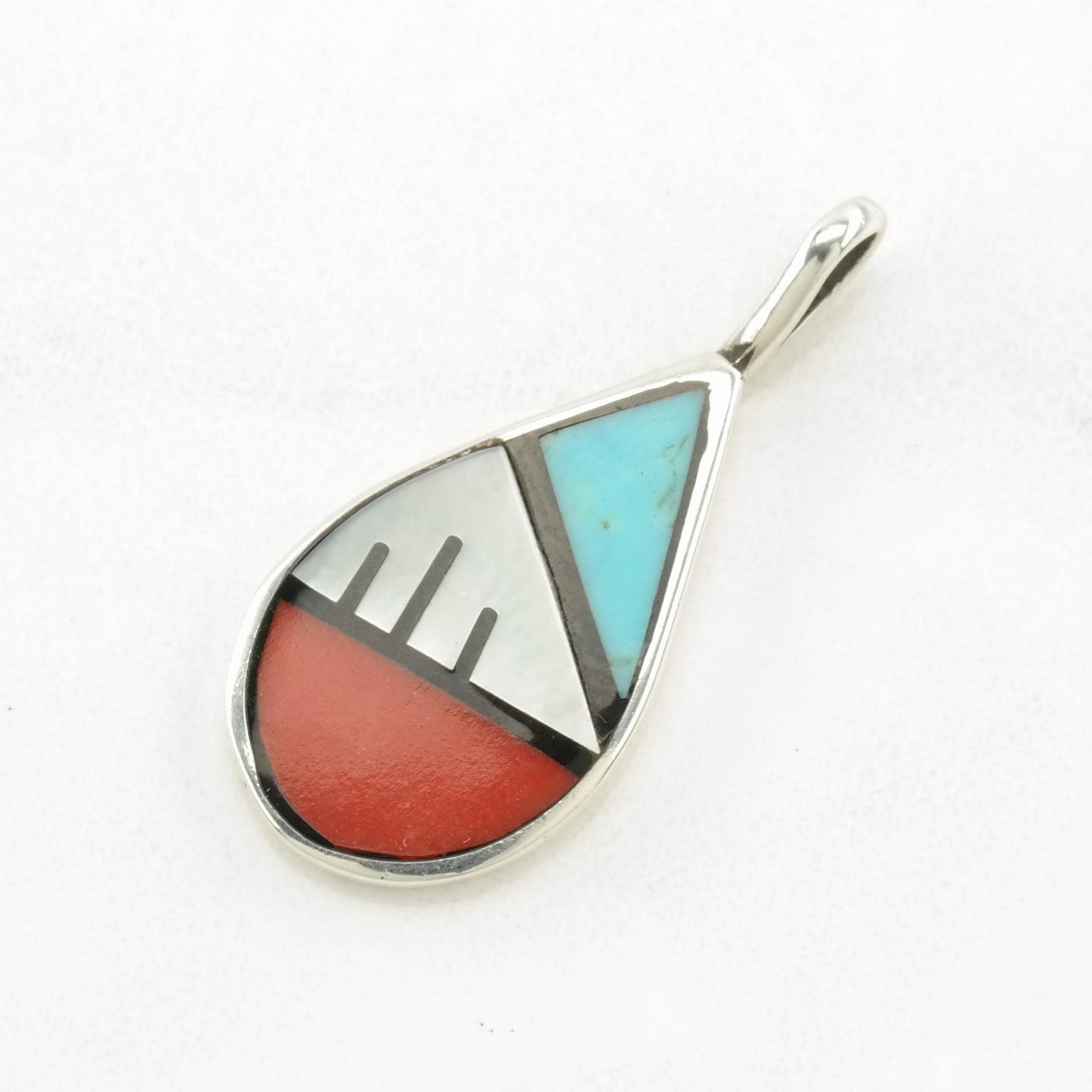 Vintage Southwest Turquoise, Multi Gemstone Inlay Sterling Silver Pendant