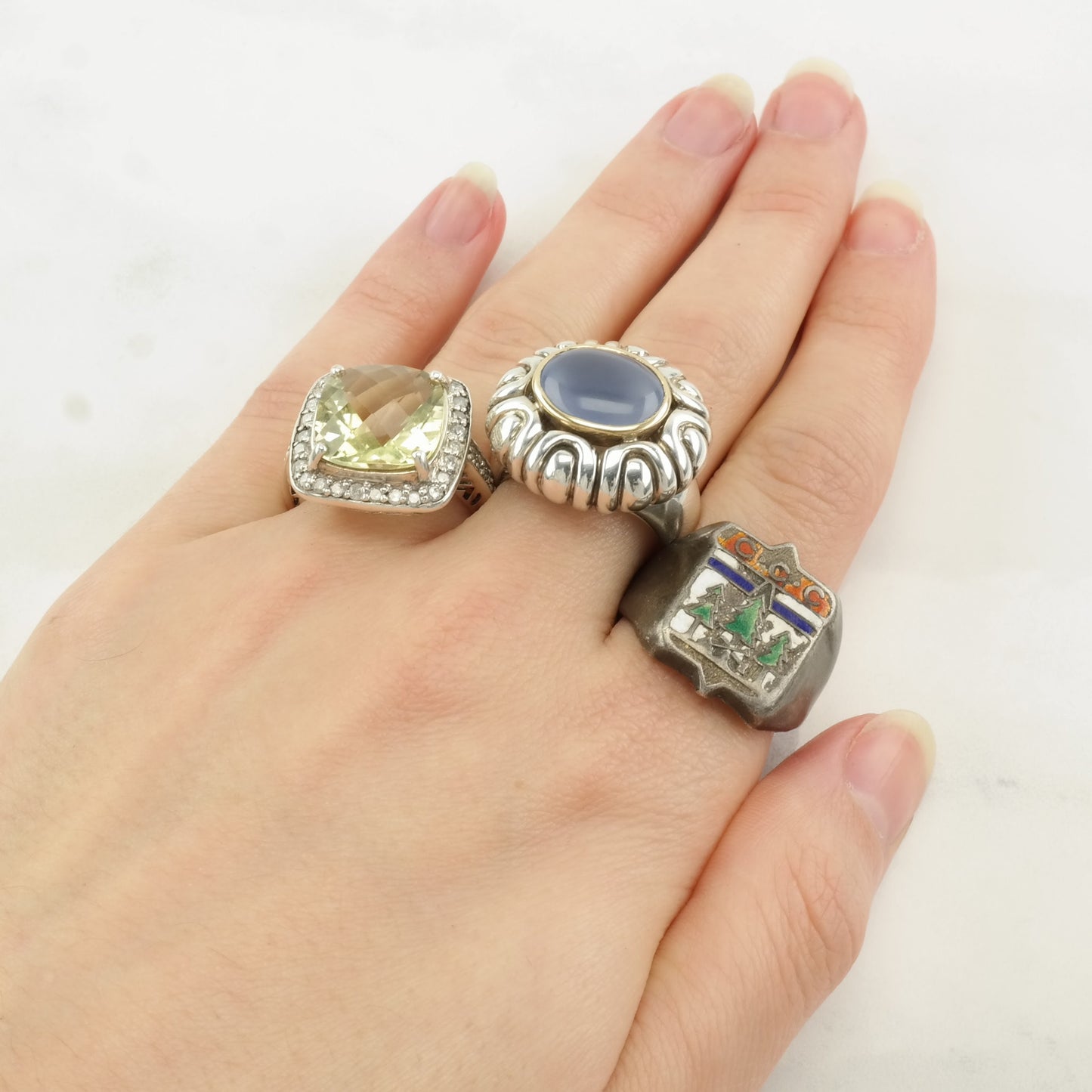 Vintage Samuel B Silver Ring Blue Chalcedony 18K Gold Sterling Size 6