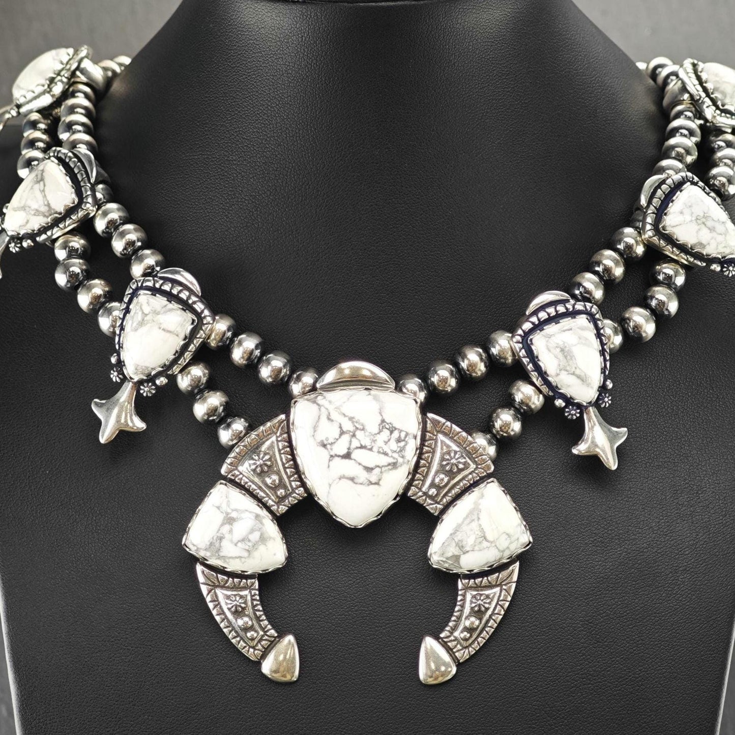 American West, Carolyn Pollack, Howlite Squash Blossom Necklace Sterling Silver