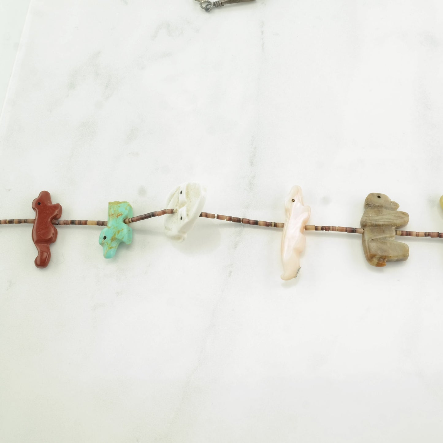 Vintage Southwest Sterling Silver Turquoise, MOP, Lapis Lazuli Animal, Heishi Necklace