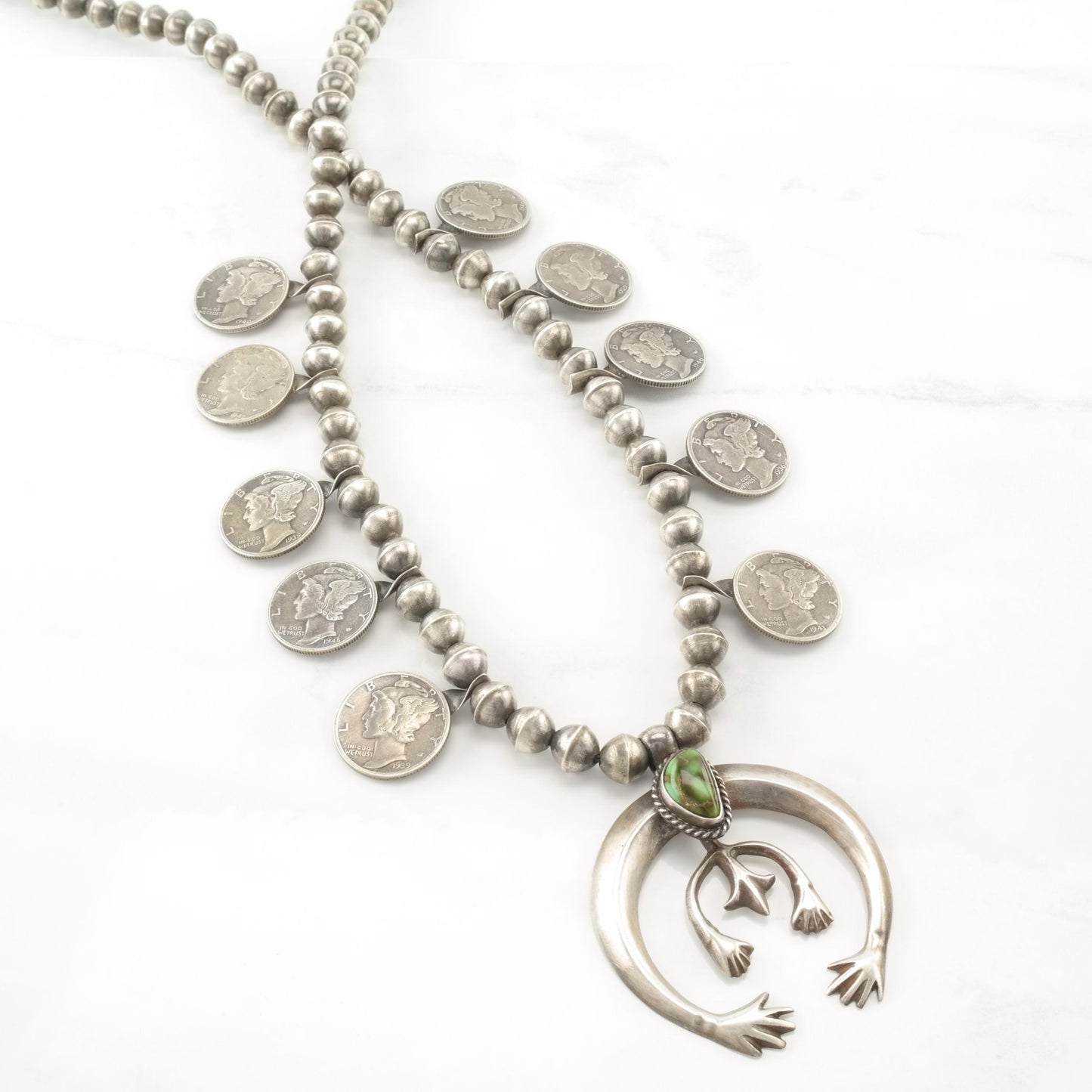Vintage Native American Turquoise, Mercury Dimes Sterling Silver Squash Blossom Necklace