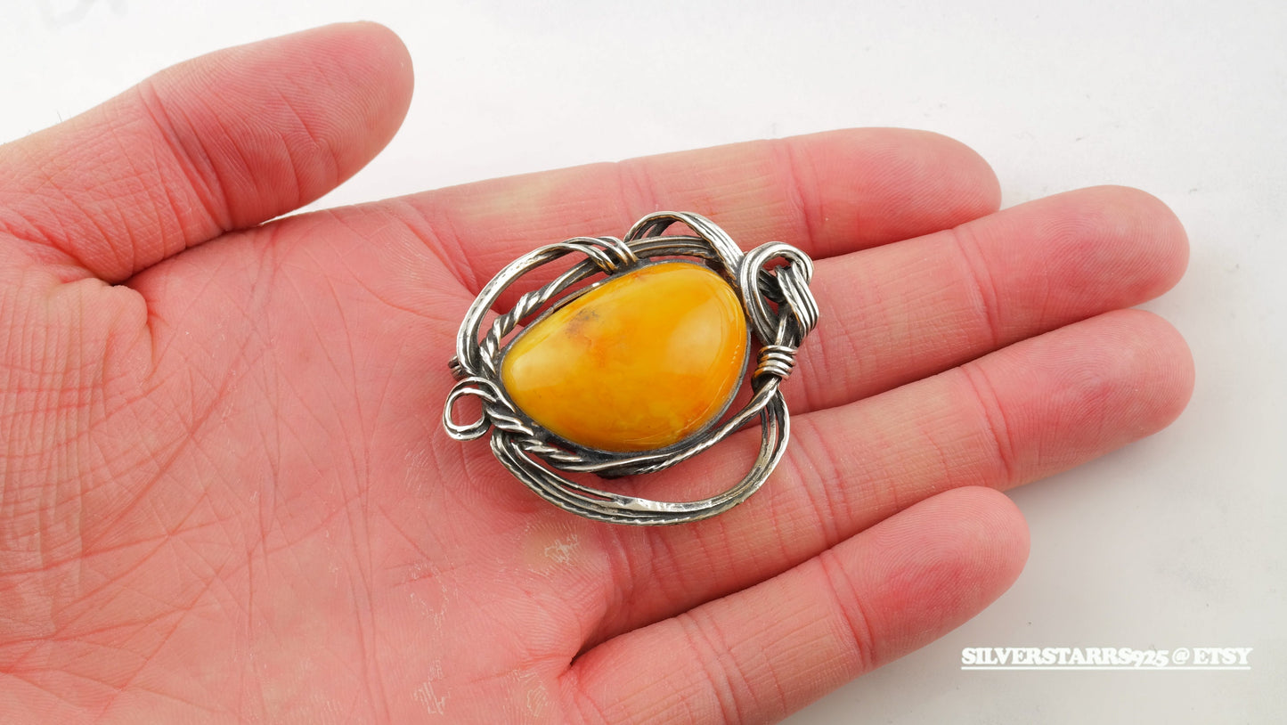 Modernist Sterling Silver Amber Brooch Pendant