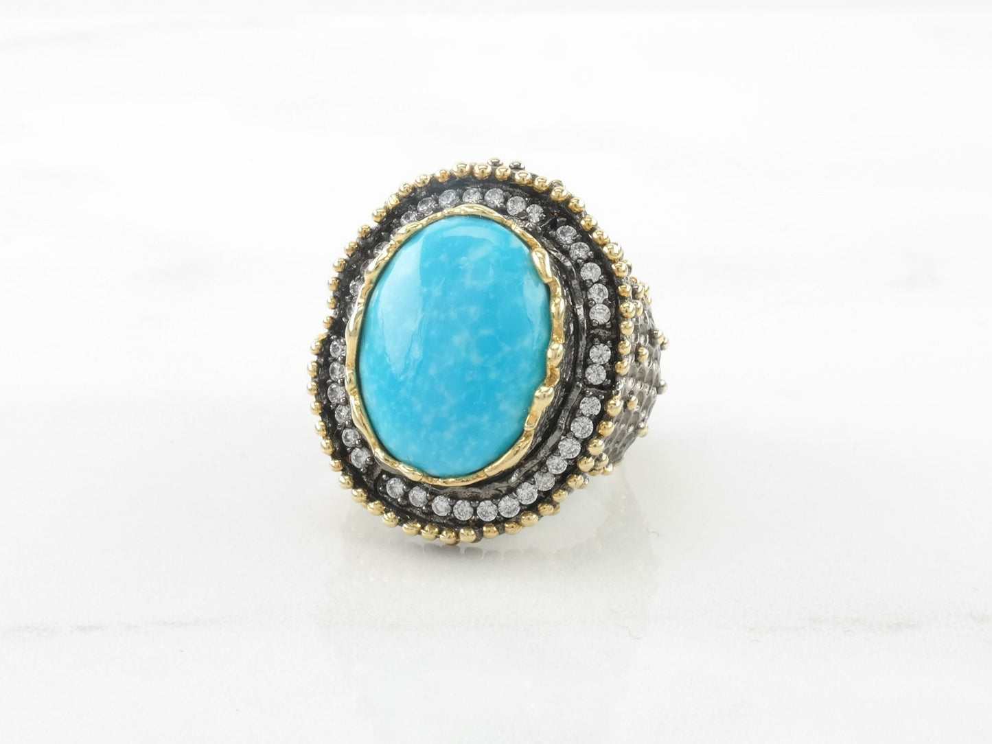 Vintage JAS Sterling Silver Ring Turquoise Diamond Blue Oval Textured Size 7 1/4