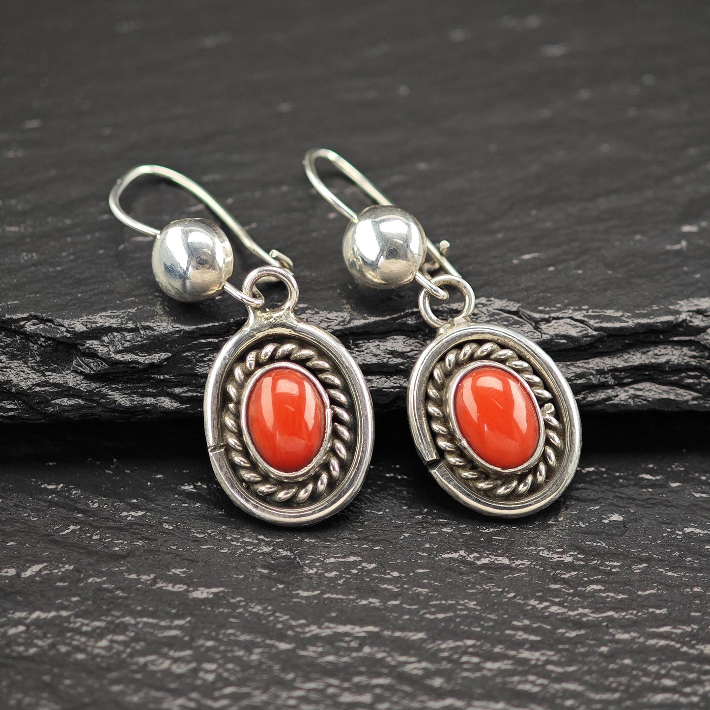 Native American Red Coral Oval Kidney Wire Earrings Sterling Silver