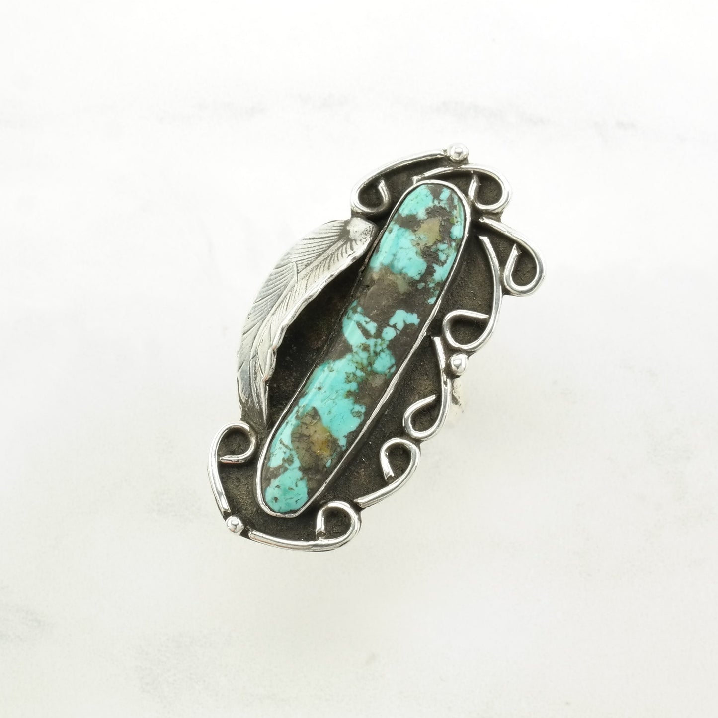 Vintage Native American Silver Ring Turquoise Leaf, Large Sterling Blue Size 6 3/4