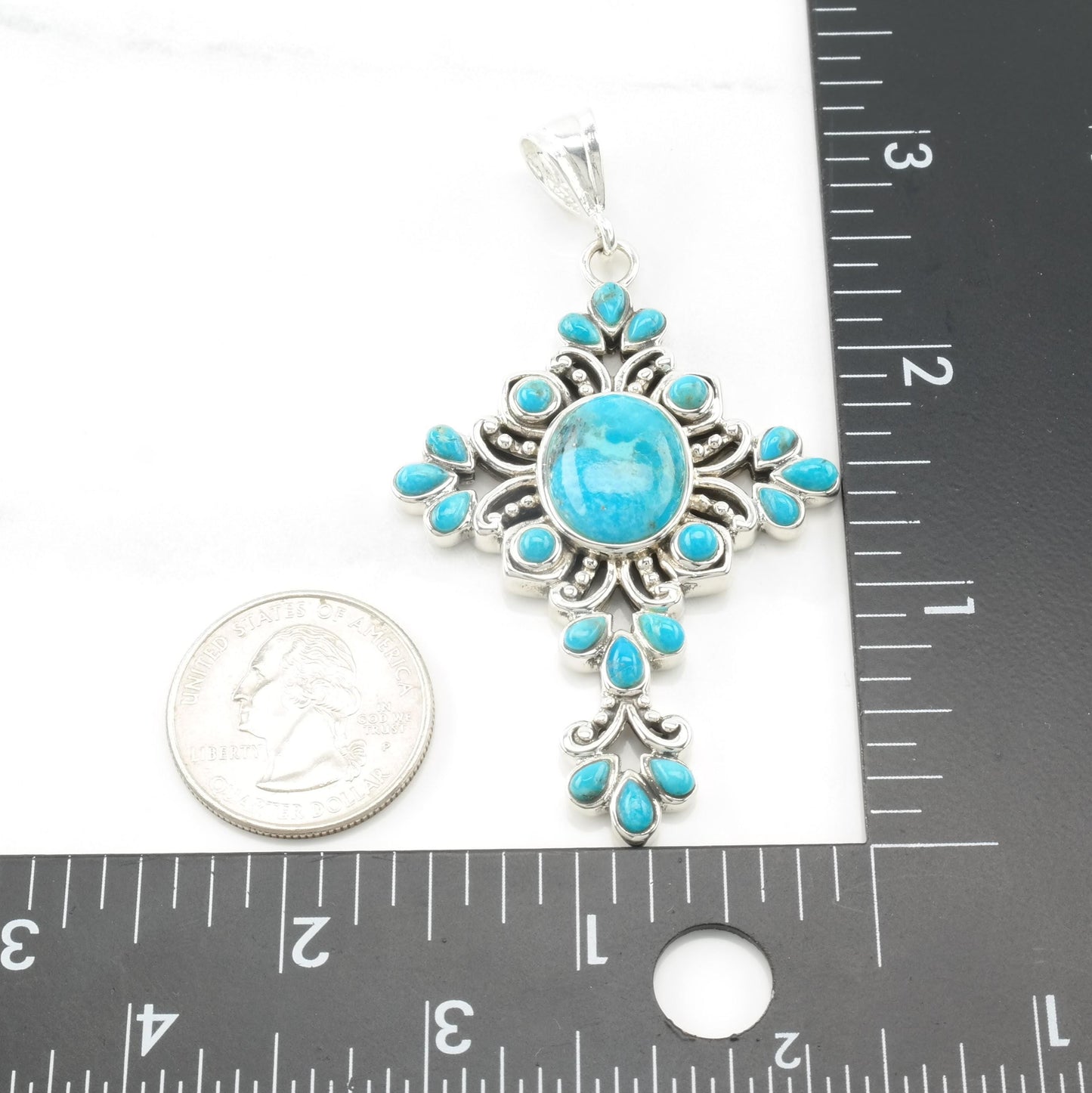 Vintage BBJ Reconstituted Turquoise Cross Sterling Silver Pendant