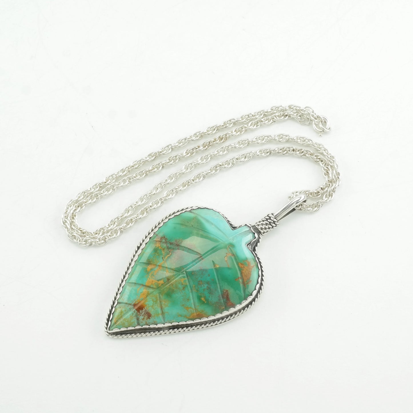Carved Turquoise Leaf Native American Necklace Sterling Silver Royston