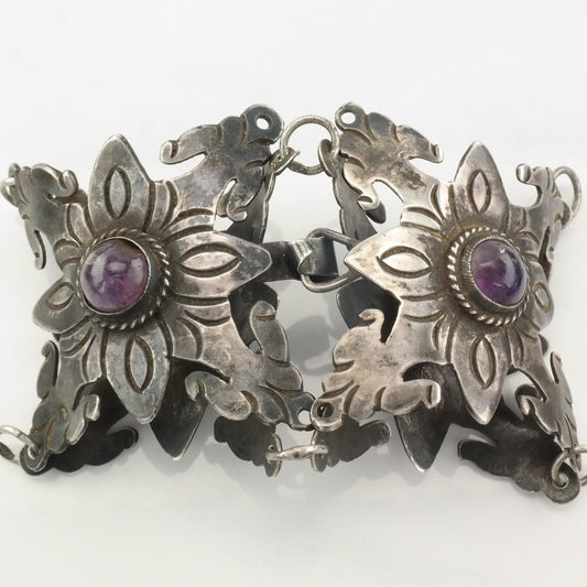 Pre Eagle, Taxco Sterling Silver Link Bracelet Purple Amethyst Floral