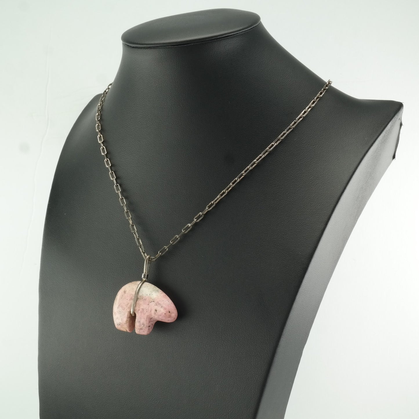 Vintage Southwest Sterling Silver Pink Rhodonite Bear, Fetish Necklace