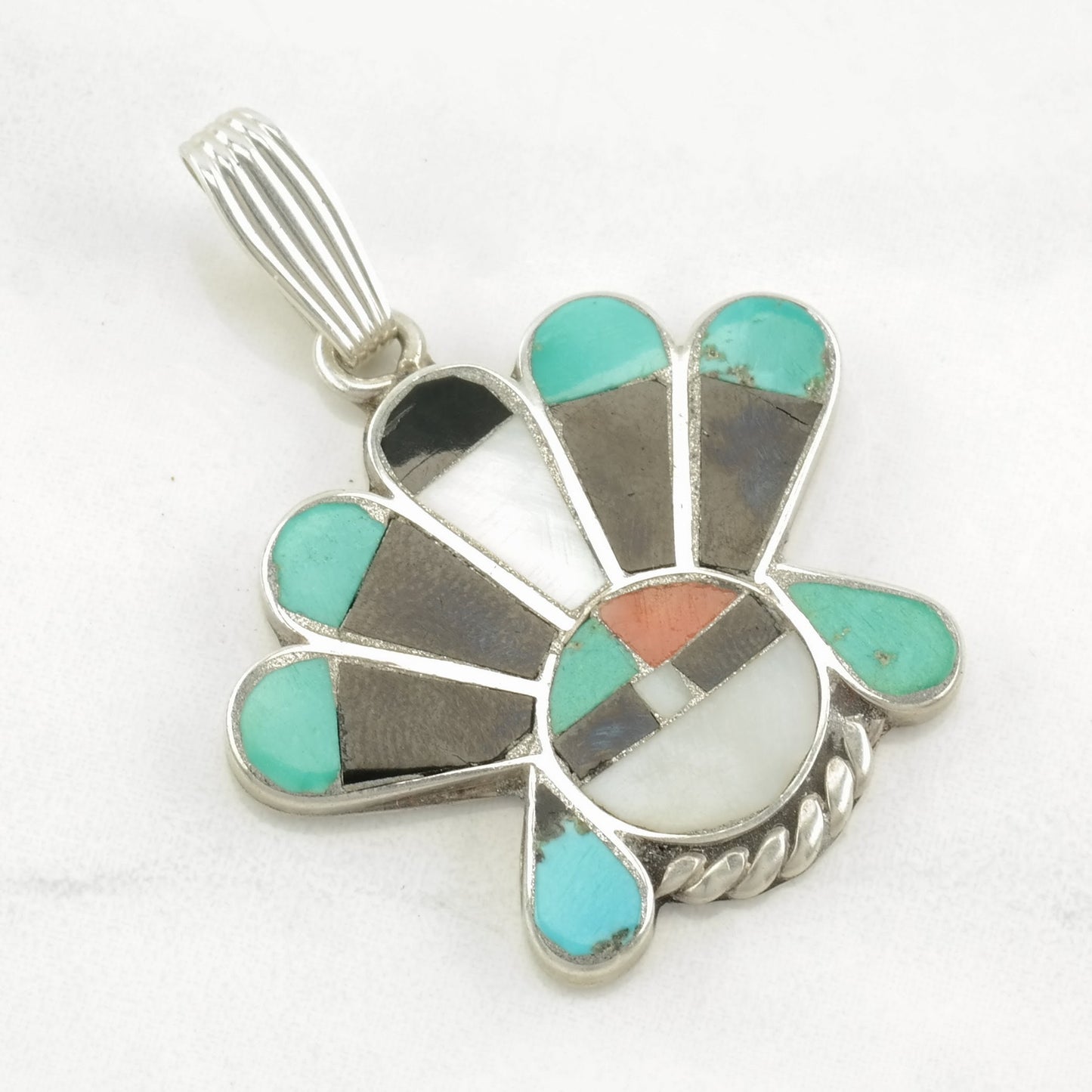 Vintage Native American Multi Gemstone Inlay, Sunface Sterling Silver Pendant