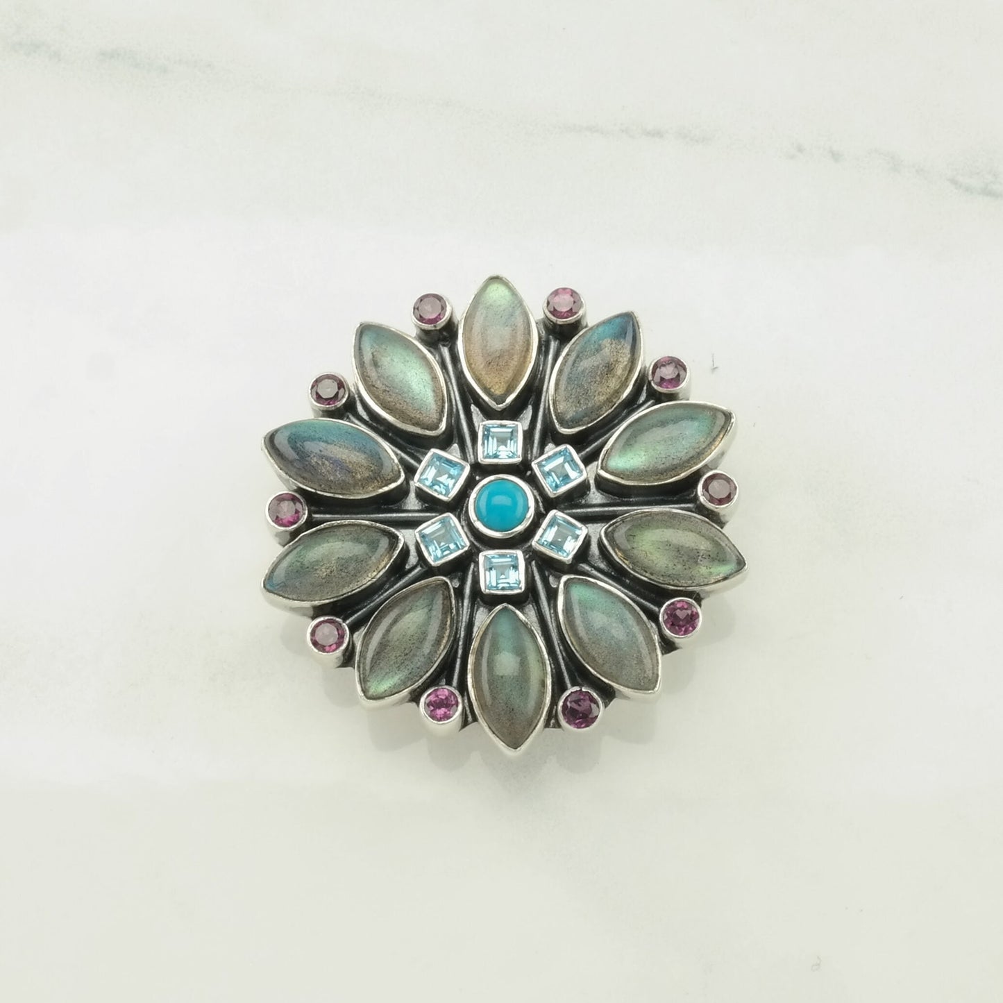 Vintage Nicky Butler Labradorite, Turquoise, Topaz Floral Sterling Silver Pendant