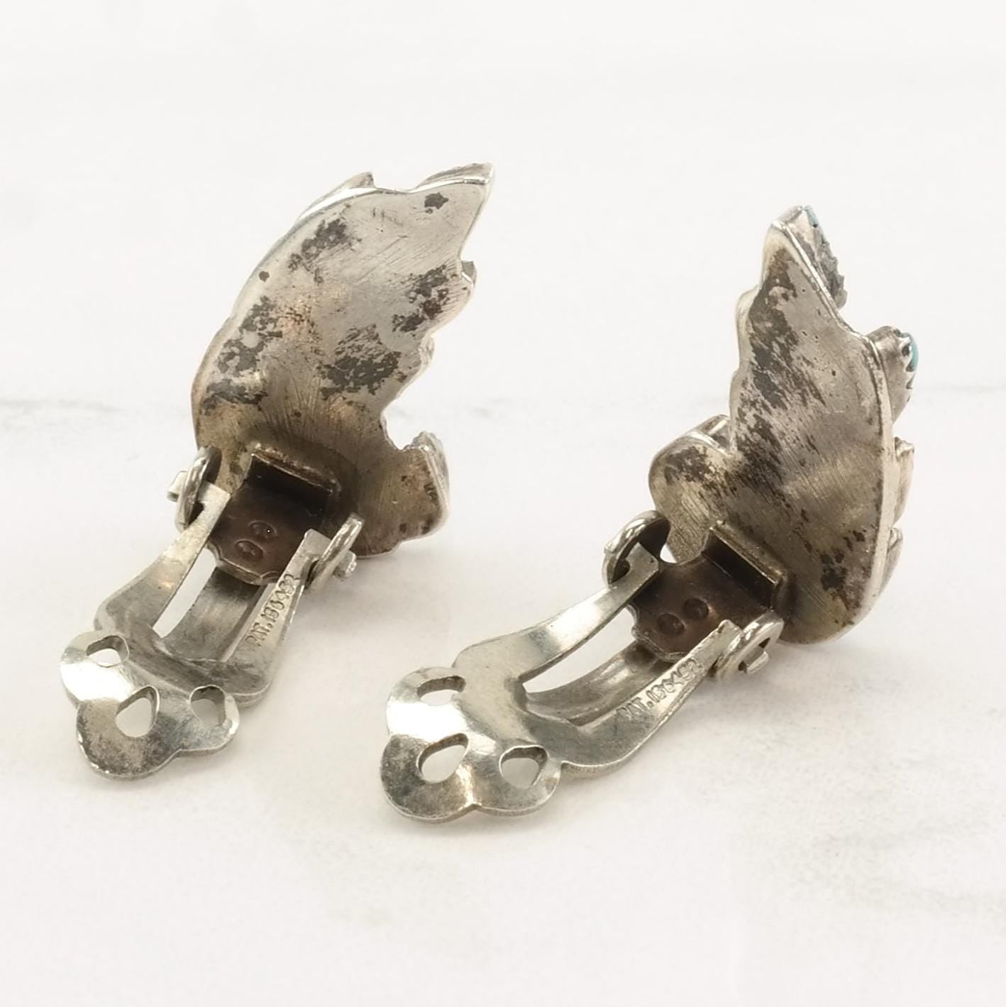 Native American Sterling Silver Turquoise Zuni Leaf Earrings Clip On