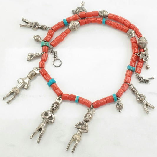 Vintage Native American Sterling Silver Coral, Turquoise Bead, Figure Necklace