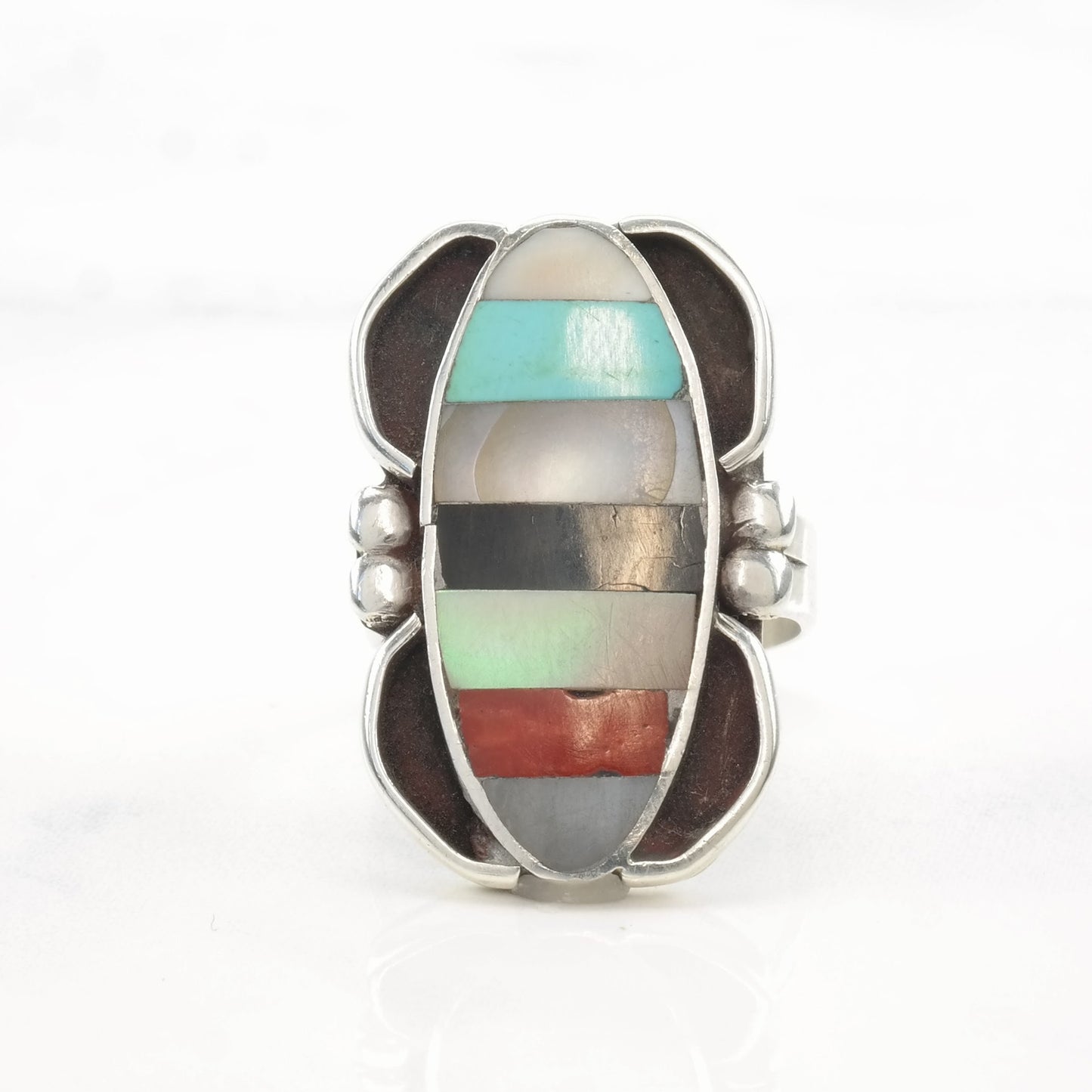 Vintage Native American Sterling Silver Ring MOP, Multi Gem Inlay Size 5 3/4