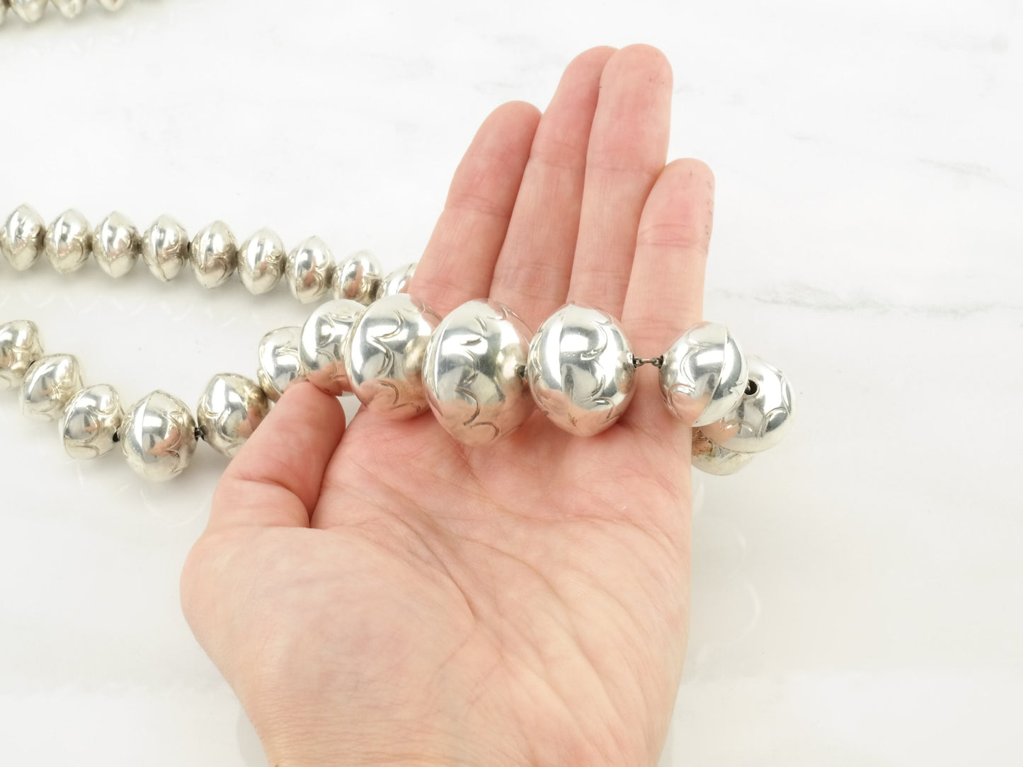 Vintage Native American Sterling Silver Hand Stamped Navajo Pearls Graduating Bead Necklace