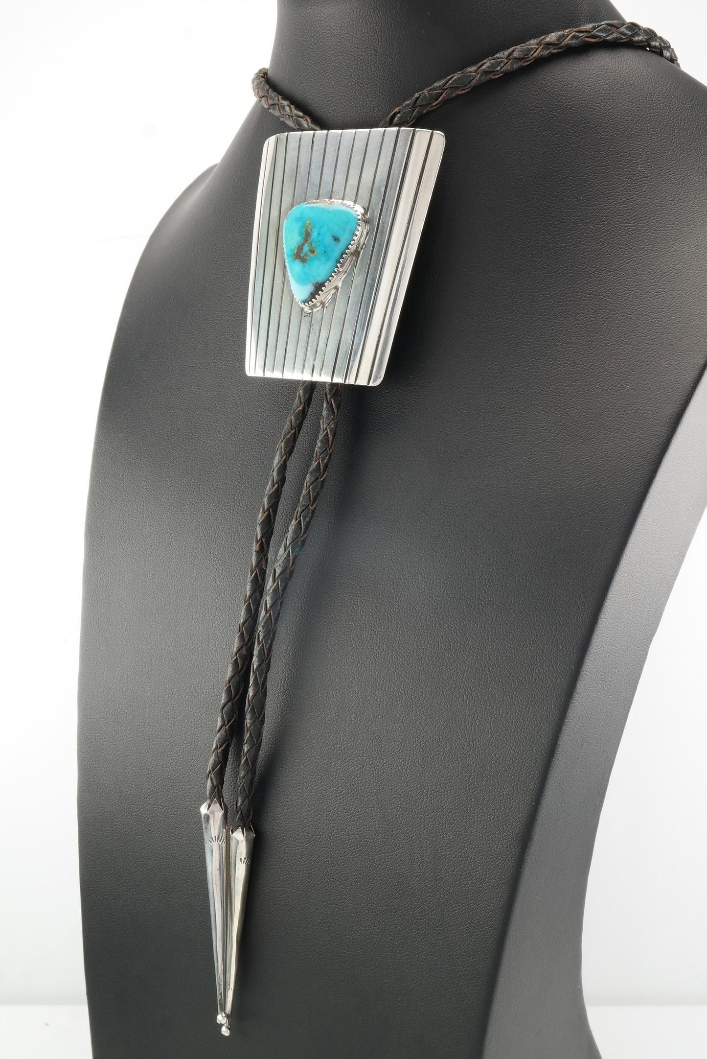 Vintage Native American Sterling Silver Turquoise Blue Gem Bolo Tie