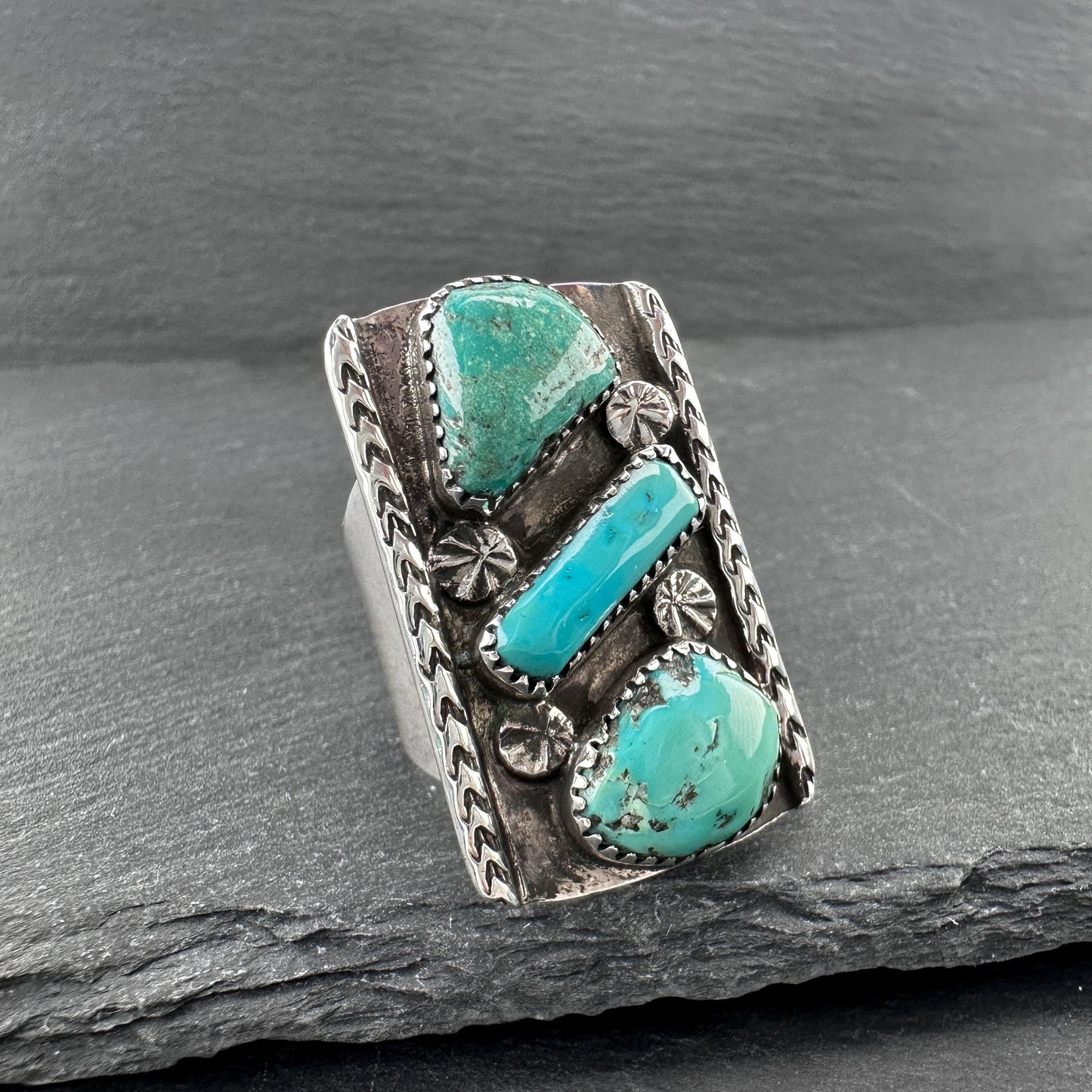 Large Native American, Green Turquoise Ring Sterling Silver