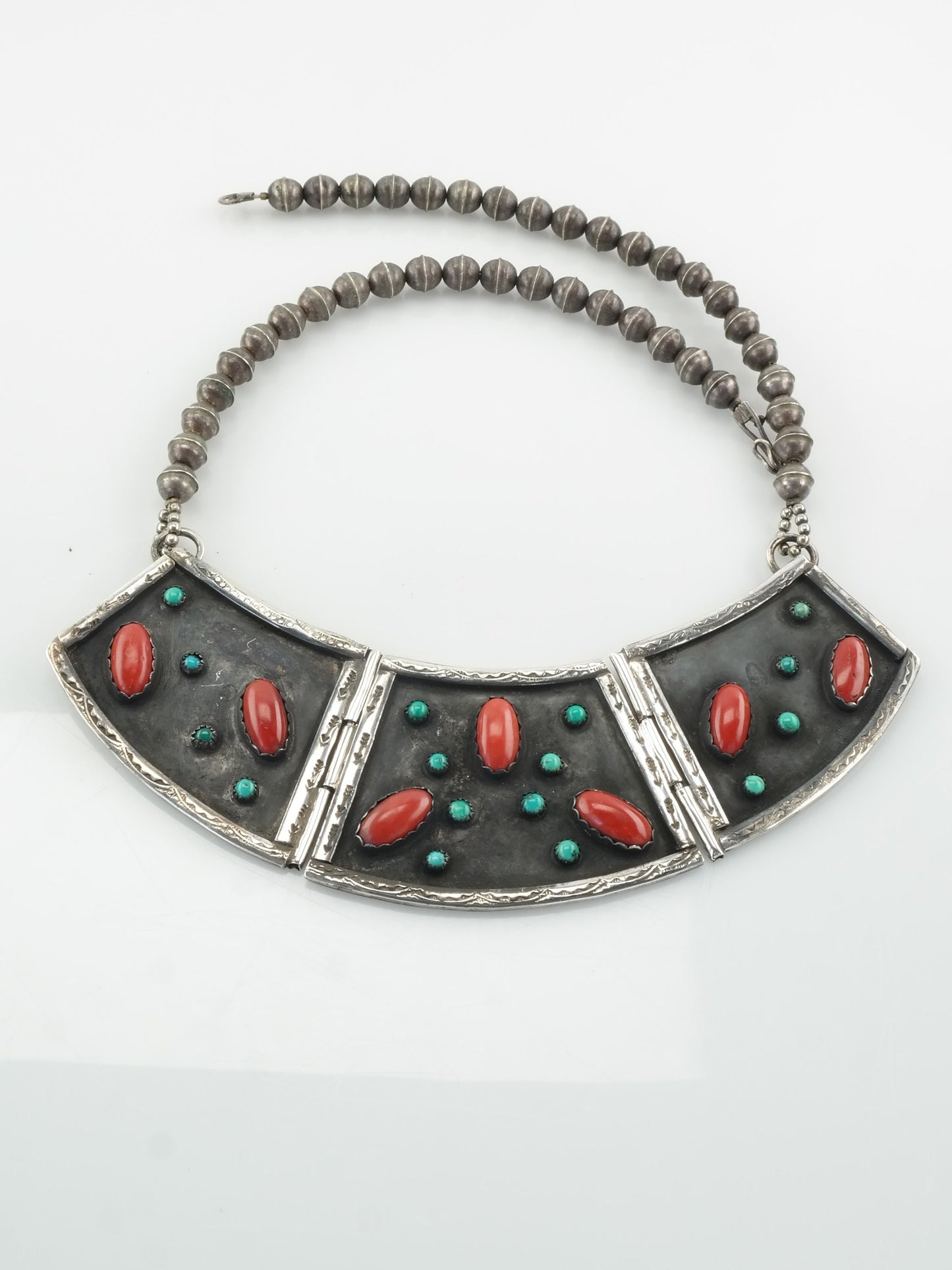 Native American Sterling Silver Turquoise Coral Plaque Cluster Necklace