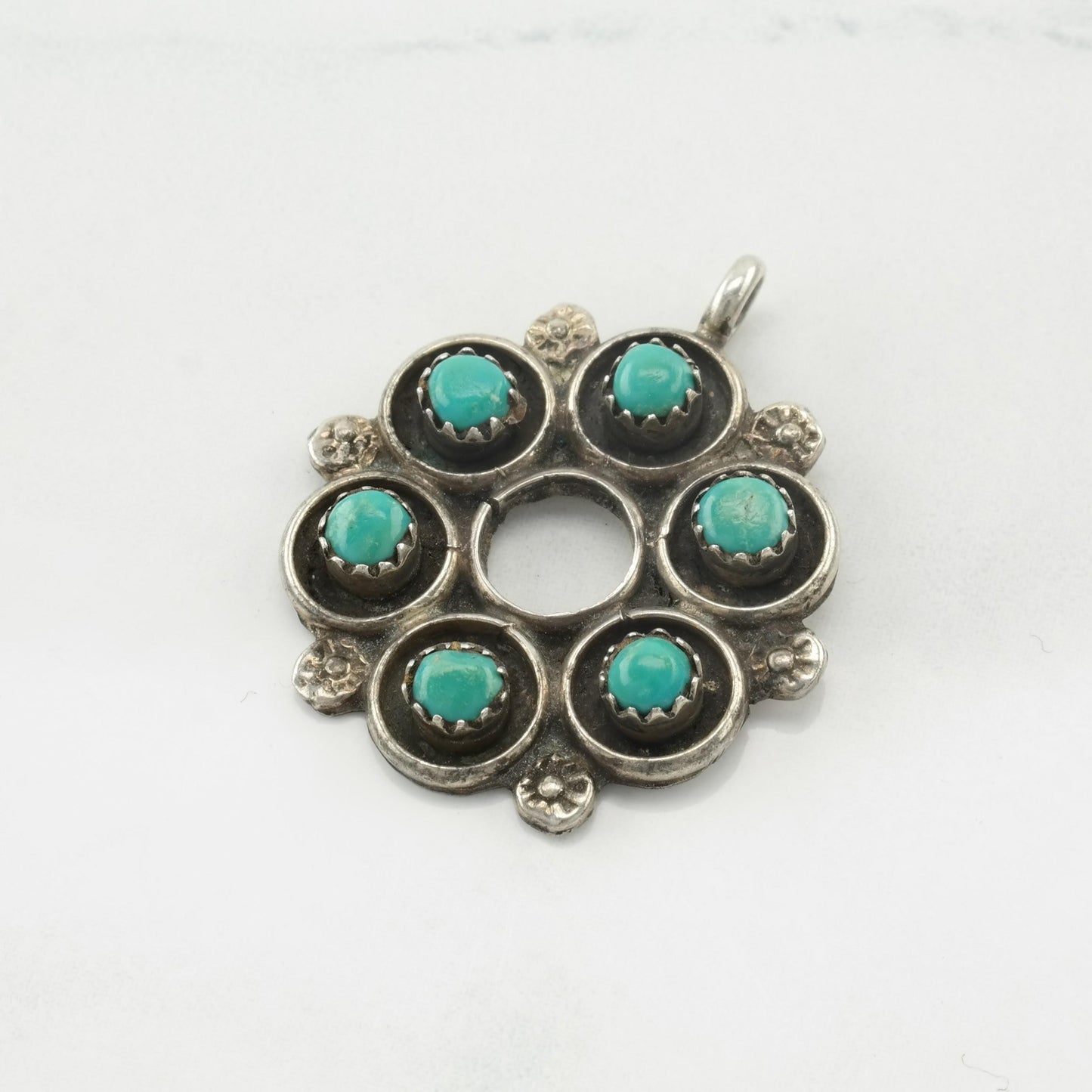 Vintage Native American Turquoise Pendant Floral Sterling Silver