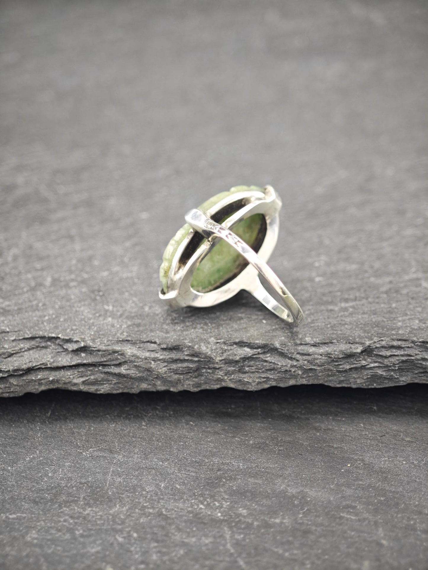 Carved Green Jadeite Jade, Floral Ring Sterling Silver