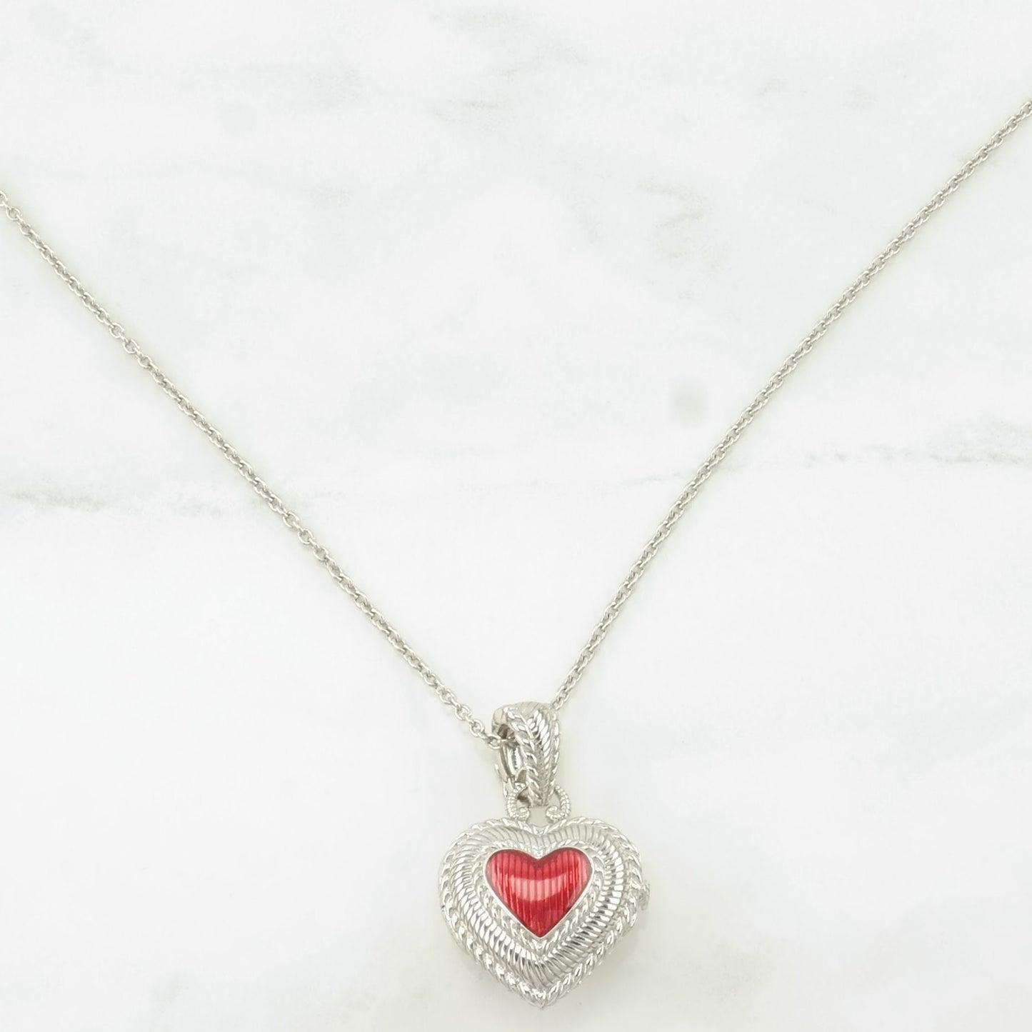 Vintage Judith Ripka Sterling Silver Red Enamel Heart Locket Necklace