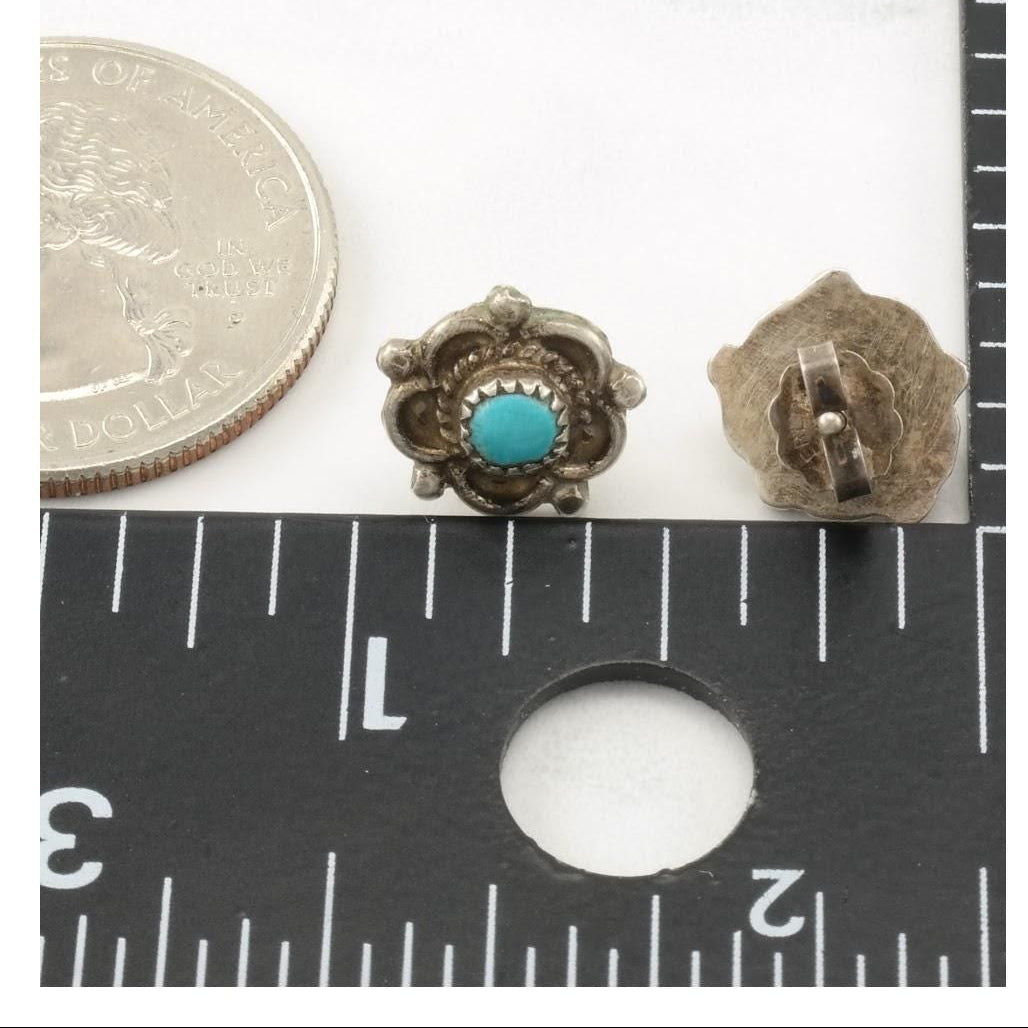 Vintage Native American Blue Turquoise Flower Sterling Silver Stud Earrings ER2767