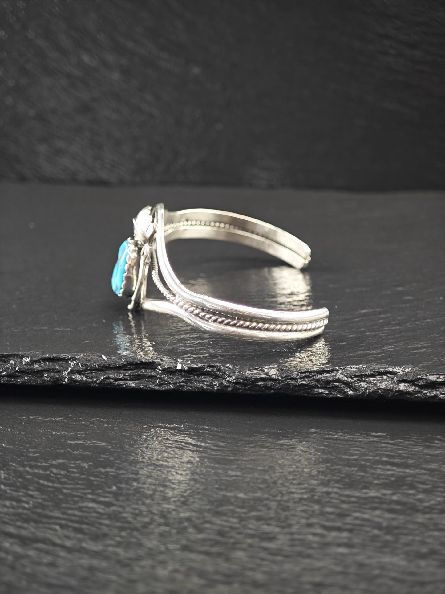 Native American, Turquoise, Floral Cuff Bracelet Sterling Silver